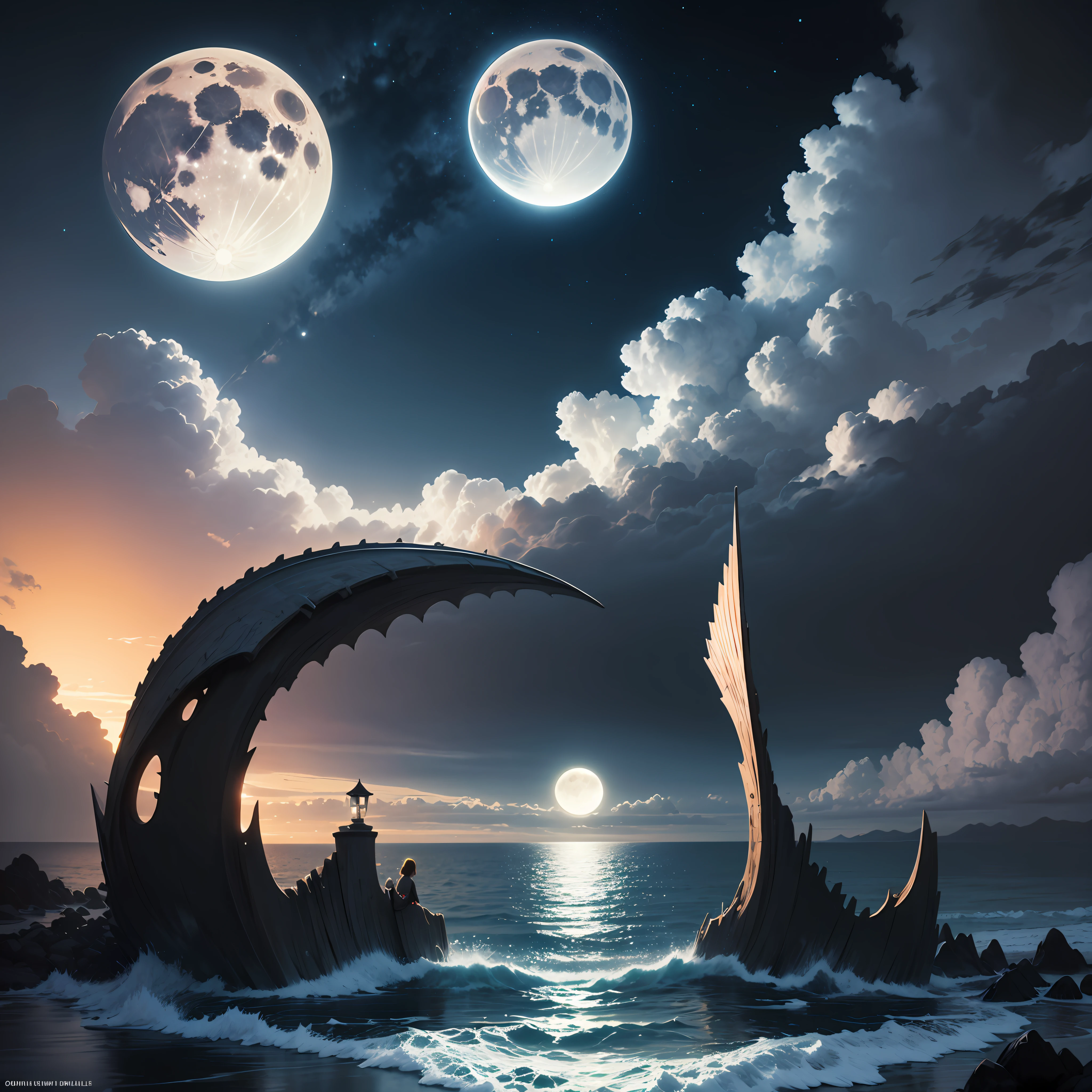 crea un immagine in digital art con la luna che si riflette su un mare lunare --auto
