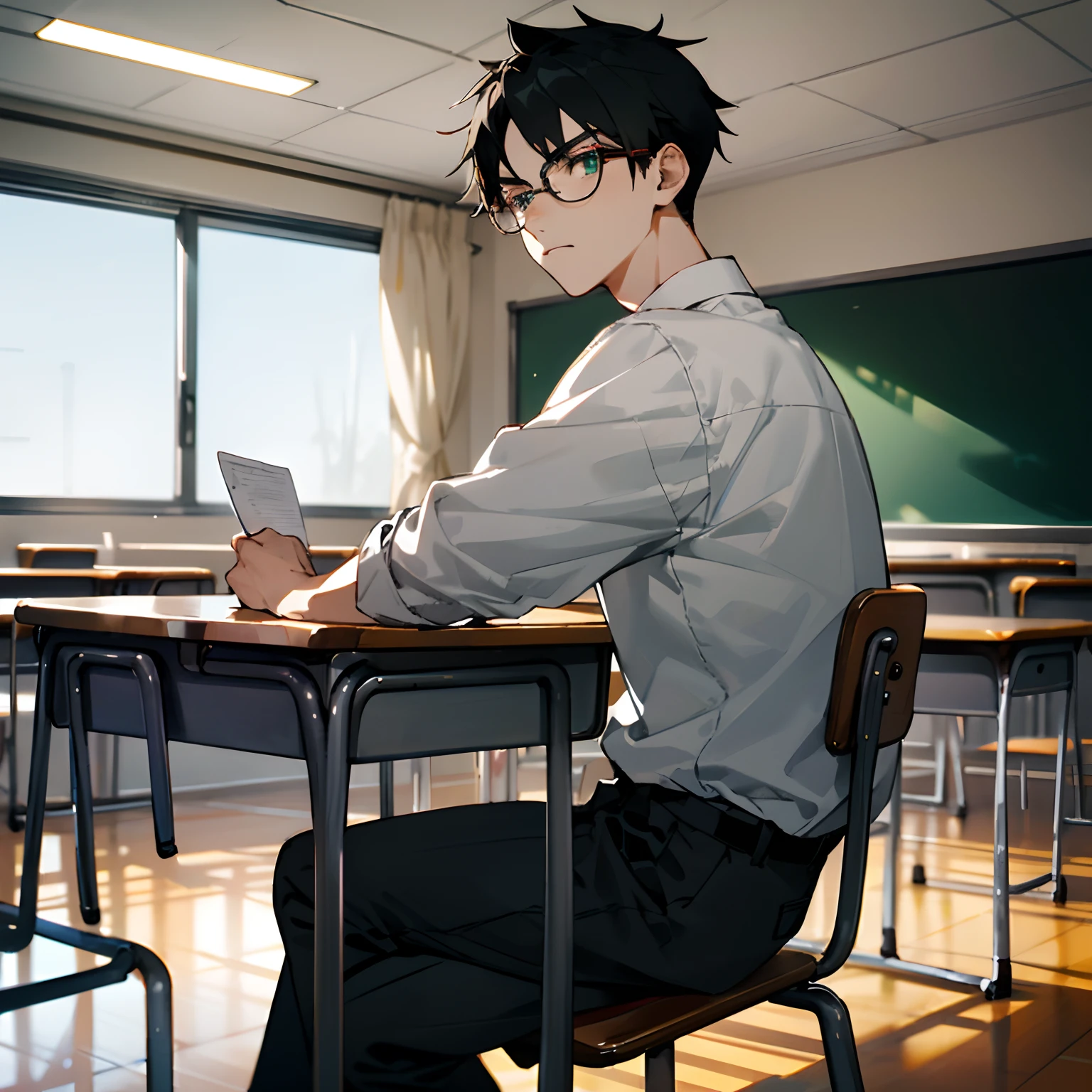 Wearing glasses，The fierce-eyed athletic is a 16-year-old boy。Sit in a chair in the classroom and look ahead。