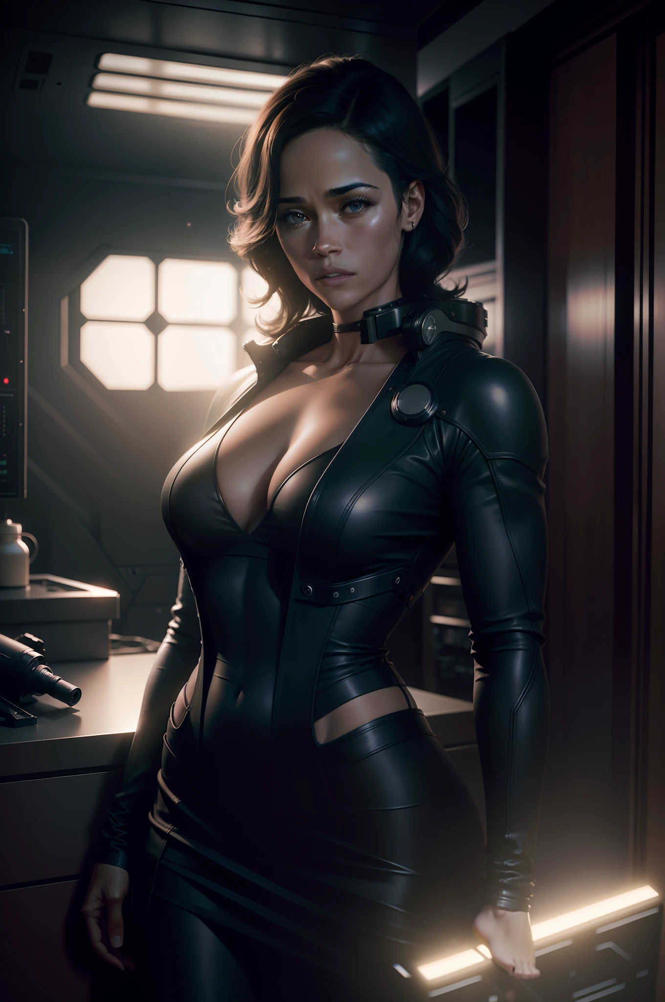 Paula patton as a Sci fi scientist working on a Ishimura space Ship photography, natural light, photorealism, cinematic rendering, ray tracing, the highest quality, the highest detail, Cinematic, Third-Person View, Blur Effect, Long Exposure, 8K, Ultra-HD, Natural Lighting, Moody Lighting, Cinematic Lighting