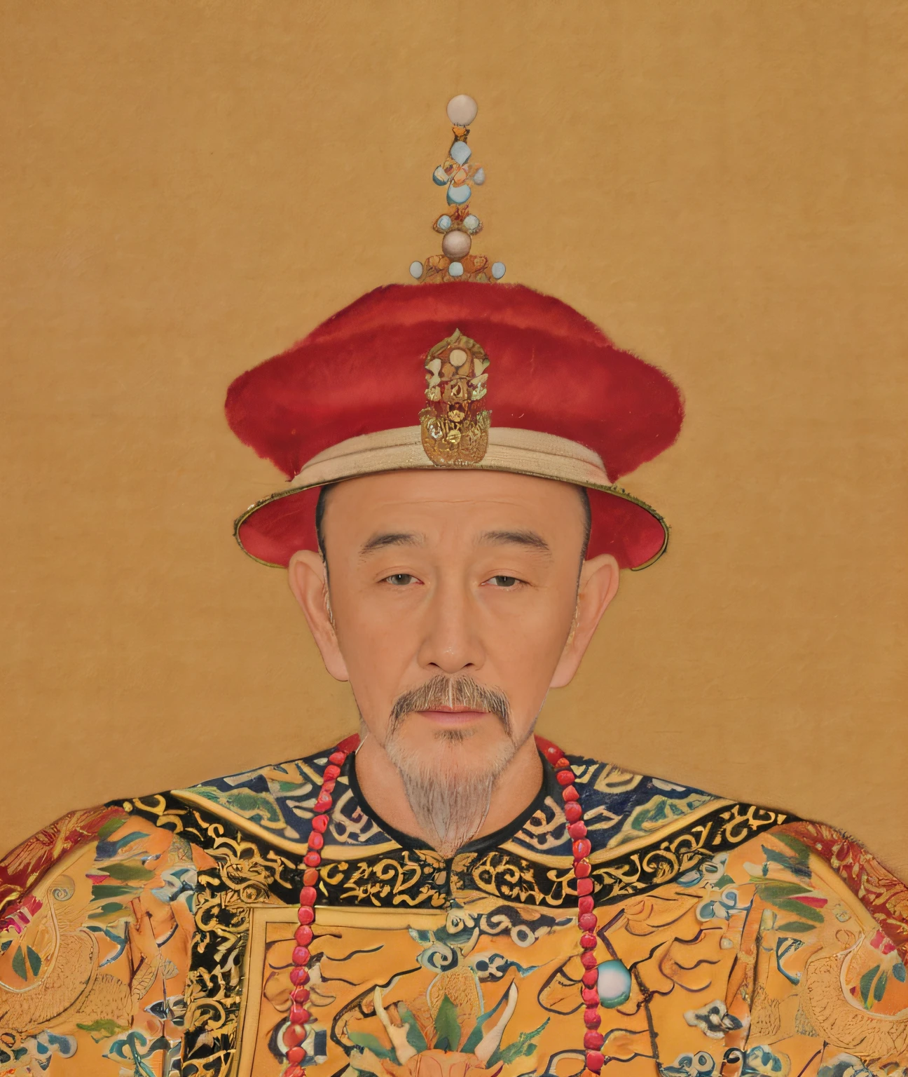 Close-up of a painting of a man in a red hat, Qing dynasty, By the Kangxi Emperor, imperial portrait, royal emperor, The costumes and characters are consistent,1:1 Reservations,The vicissitudes of the eyes,very old,Very thin old man,One with a beard,Close-up of a man wearing a red hat on his head, 1:1 Copy,(realisticlying:1.36),tmasterpiece,highest quality,16k,The realism of the clothes,Very realistic,Realiy感,The texture of the clothes,Nasolabial folds,70-year-old male,Very realistic,Close-up of a painting of a 70-year-old man wearing a red hat, The emperor dressed up,Straight nose,Inverted triangular eye,The corners of the eyes pull down,1:1 Copy,tmasterpiece,Best resolution。8k,photorealisti,Realiy,realisticlying,(realisticlying:1.37),Very realistic,skin pore,A bearded 70-year-old,Antiquity,Inverted eyebrows,The tail of the eyebrow is downward,wrinkles around the eyes,Yellowish complexion,sbeard,Inverted eyebrows,frontage,Ancients,Kangxi, Emperor of the Qing Dynasty,Qing dynasty ancient,ultra-realistic realism, Kangxi Emperor,