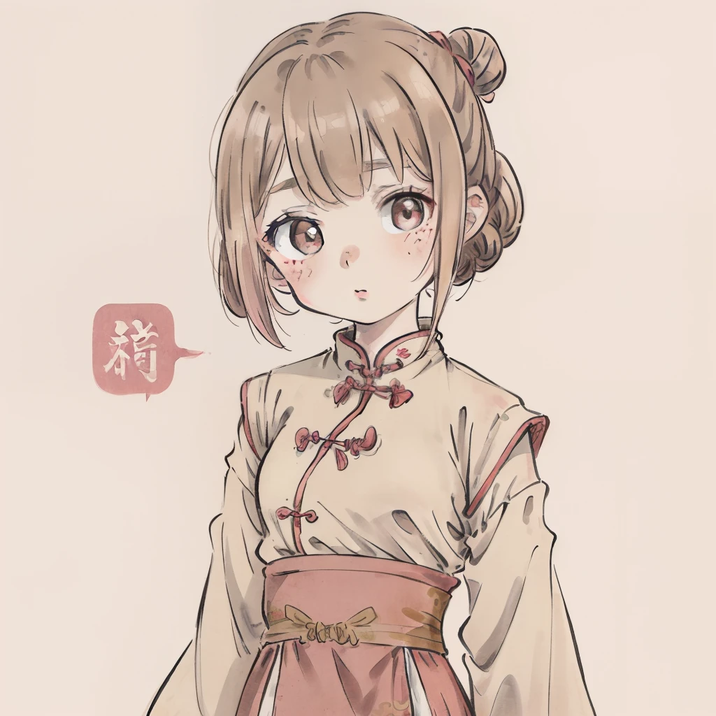 Beige hair,One ,with brown eye,Pink blush,There are very few freckles,smallunderboob,Chinese style,on cheongsam,Anime figure,The lines are exquisite,Add text