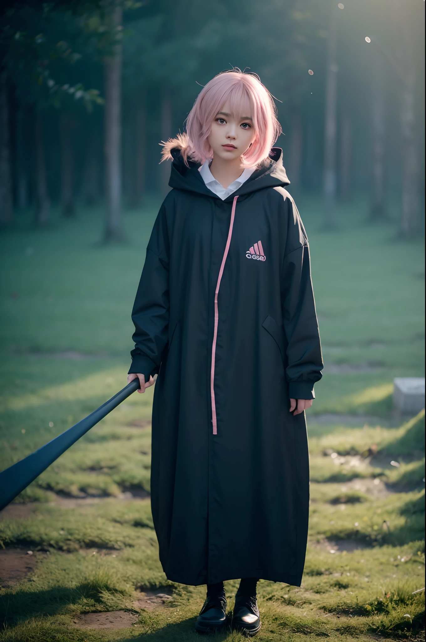 A hooded cute girl girl who cosplays as Shinigami,girl grim reaper cloaked in a dark mist,wielding a scythe,emerging from a swirling vortex of shadows.standing in a graveyard of forgotten souls.(Light brown and pink striped hair:1.3,),perfect face,Proper body proportion,masterpiece,best quality,ultra highres,intricate details,extremely delicate and beautiful,photorealistic,professional lighting,realistic shadow,