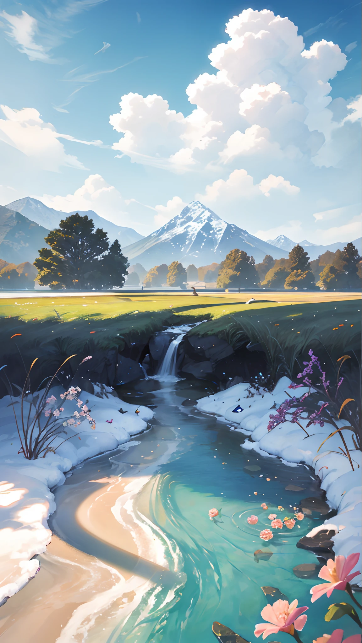 Summer, meadows, few small flowers, clear lakes, sheep, heaven, large clouds, blue sky, hot weather, HD detail, wet watermark, hyper-detail, cinematic, surrealism, soft light, deep field focus bokeh, distant view is snowy mountains, ray tracing, and surrealism.