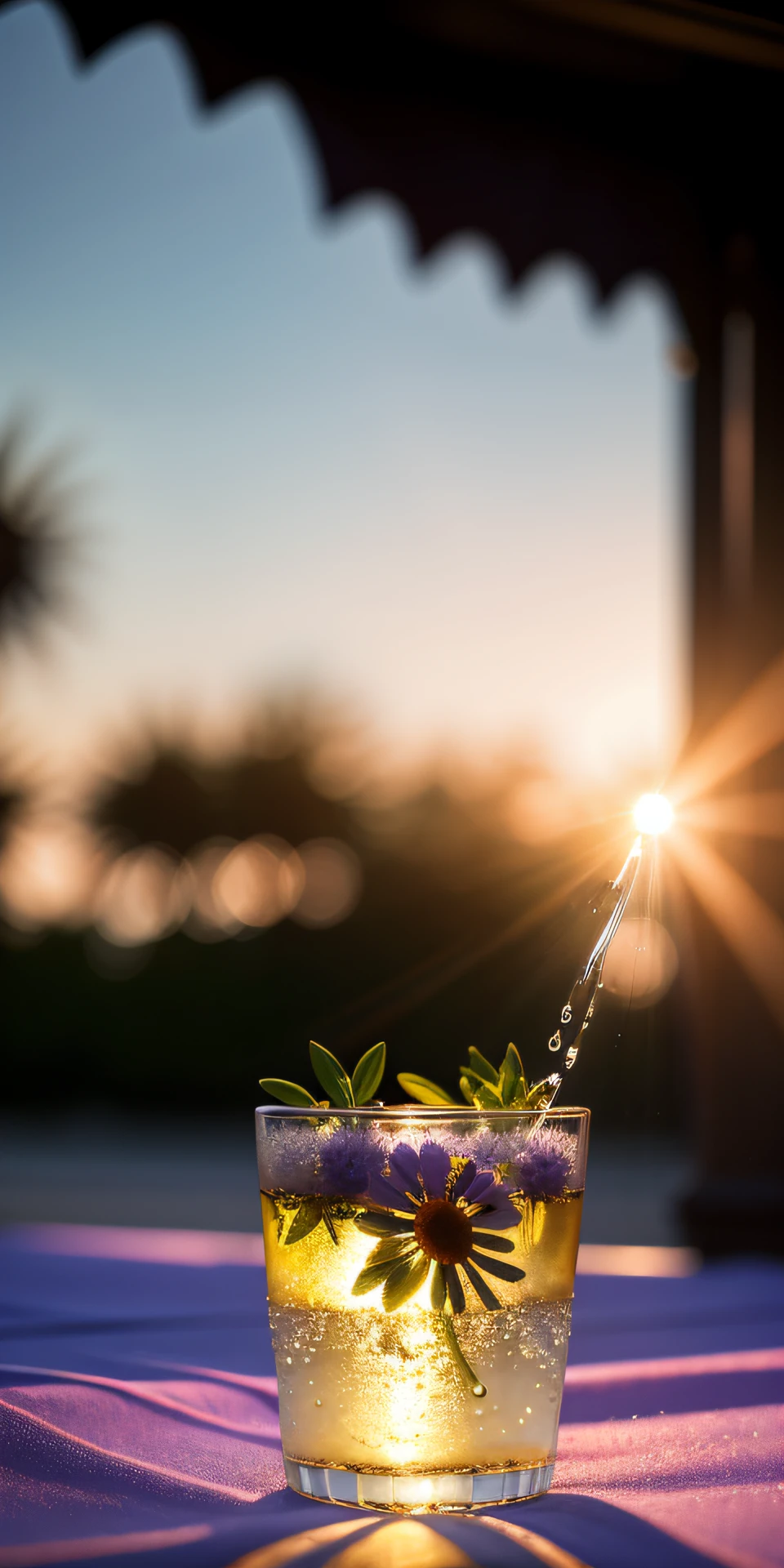 A glass with drops of water filled with carbonated drinks, translucent liquid, ice cubes, bubbles, a floral crown of daisies and lavender on picnic tablecloths, midday outdoor lighting, open air, natural background, summer day, hot weather, high detail, very humid humidity, high brightness, wet watermarks, overdetail, super detail superdetailing, surrealism, soft light, studio lighting, diffuse soft light, shallow depth of field, sharp focus, bokeh effect, light tracking, subsurface scattering, complex soft light, diffuse soft light, highly detailed glass reflection, ultra-thin (superfine, ultra-thin) (thin, fine, ultra-detailed), cinematic, surrealism, armature, best quality, ultra-high resolution (photorealistic: 1.4), high resolution, detail, raw photography, clear reproduction, stock camera 4 kodak portra 400, f1.6 lens, realistic texture, dramatic lighting, unreal engine, popular on artstation, cinemas up to 800 ,