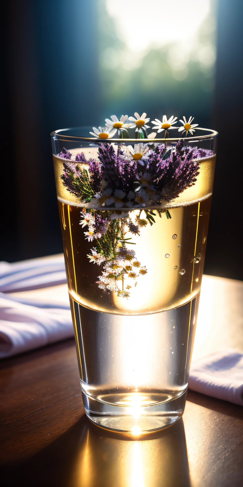 A glass with drops of water filled with carbonated drinks, translucent liquid, ice cubes, bubbles, a floral crown of daisies and lavender on picnic tablecloths, midday outdoor lighting, open air, natural background, summer day, hot weather, high detail, very humid humidity, high brightness, wet watermarks, overdetail, super detail superdetailing, surrealism, soft light, studio lighting, diffuse soft light, shallow depth of field, sharp focus, bokeh effect, light tracking, subsurface scattering, complex soft light, diffuse soft light, highly detailed glass reflection, ultra-thin (superfine, ultra-thin) (thin, fine, ultra-detailed), cinematic, surrealism, armature, best quality, ultra-high resolution (photorealistic: 1.4), high resolution, detail, raw photography, clear reproduction, stock camera 4 kodak portra 400, f1.6 lens, realistic texture, dramatic lighting, unreal engine, popular on artstation, cinemas up to 800 ,