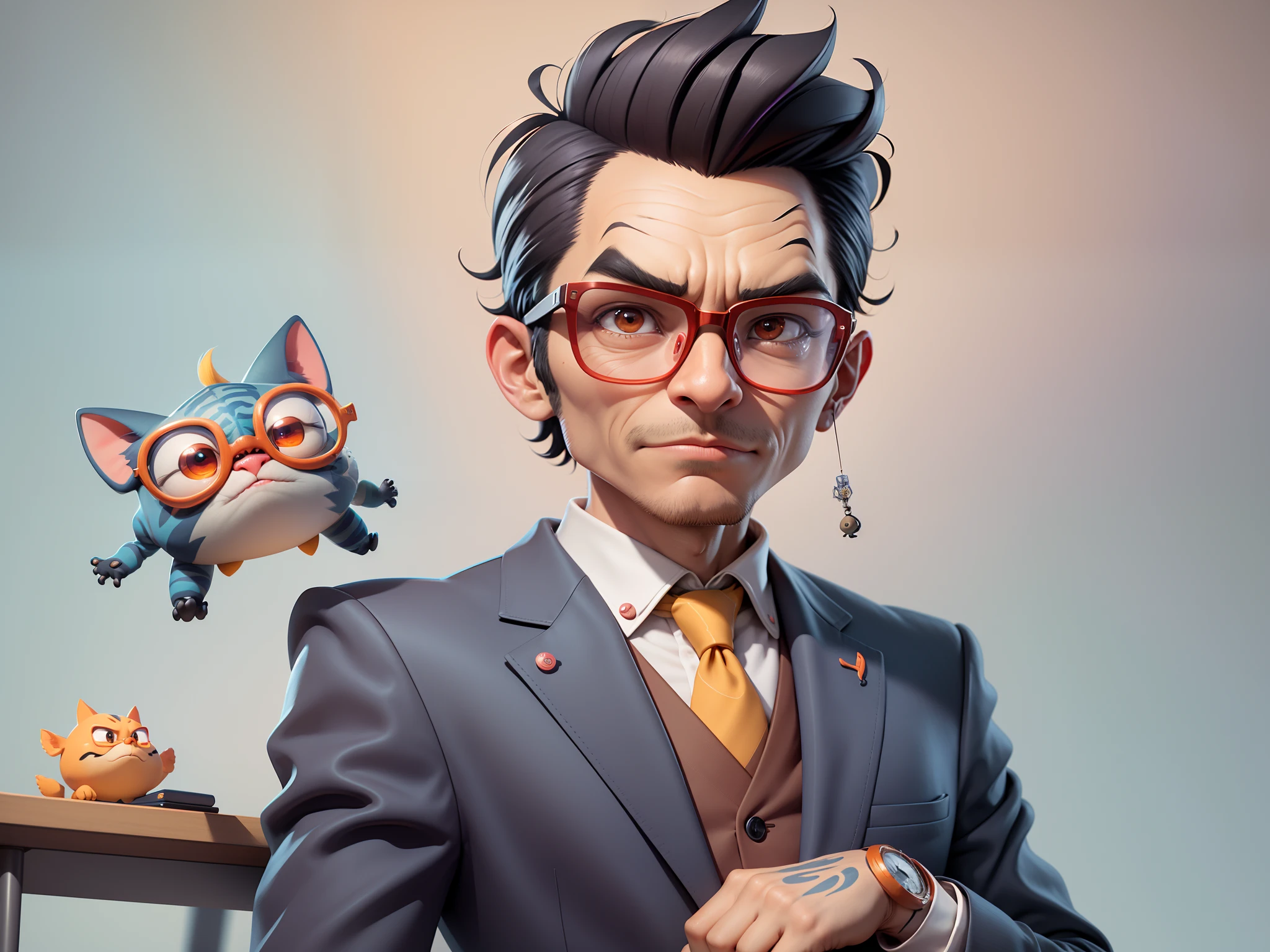 A young man in a suit, Short hair and glasses sat at his desk,holding laptop,digitial painting,tigre,3D character design by Mark Clairen and Pixar and Hayao Miyazaki and Akira Toriyama,4K HD illustration,Very detailed facial features and cartoon-style visuals。