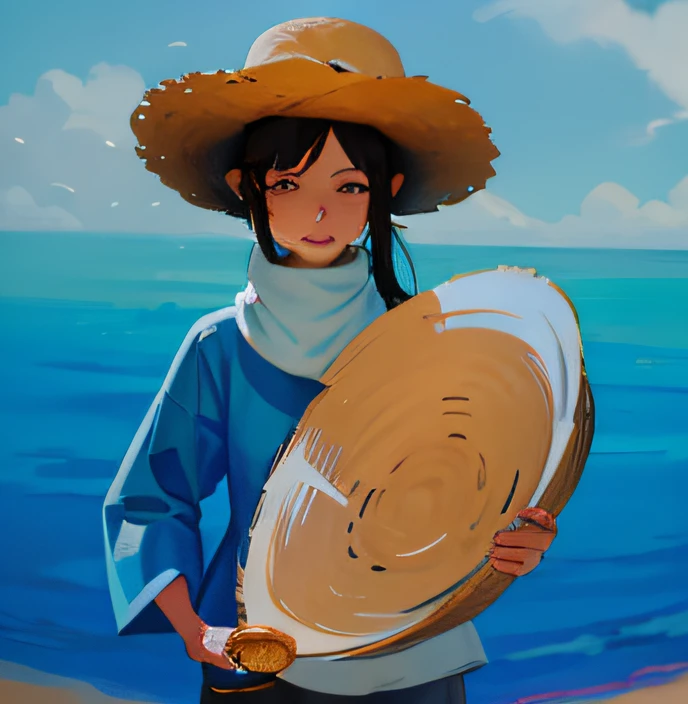 Draw a woman in a hat holding a surfboard on the beach, with straw hat, Loli, Artgerm and Atey Ghailan, Guviz-style artwork, drawn in anime painter studio, wearing huge straw hat, Beautiful character painting, Guviz, inspired by Eiichiro Oda, makoto sinkai, Detailed fanart