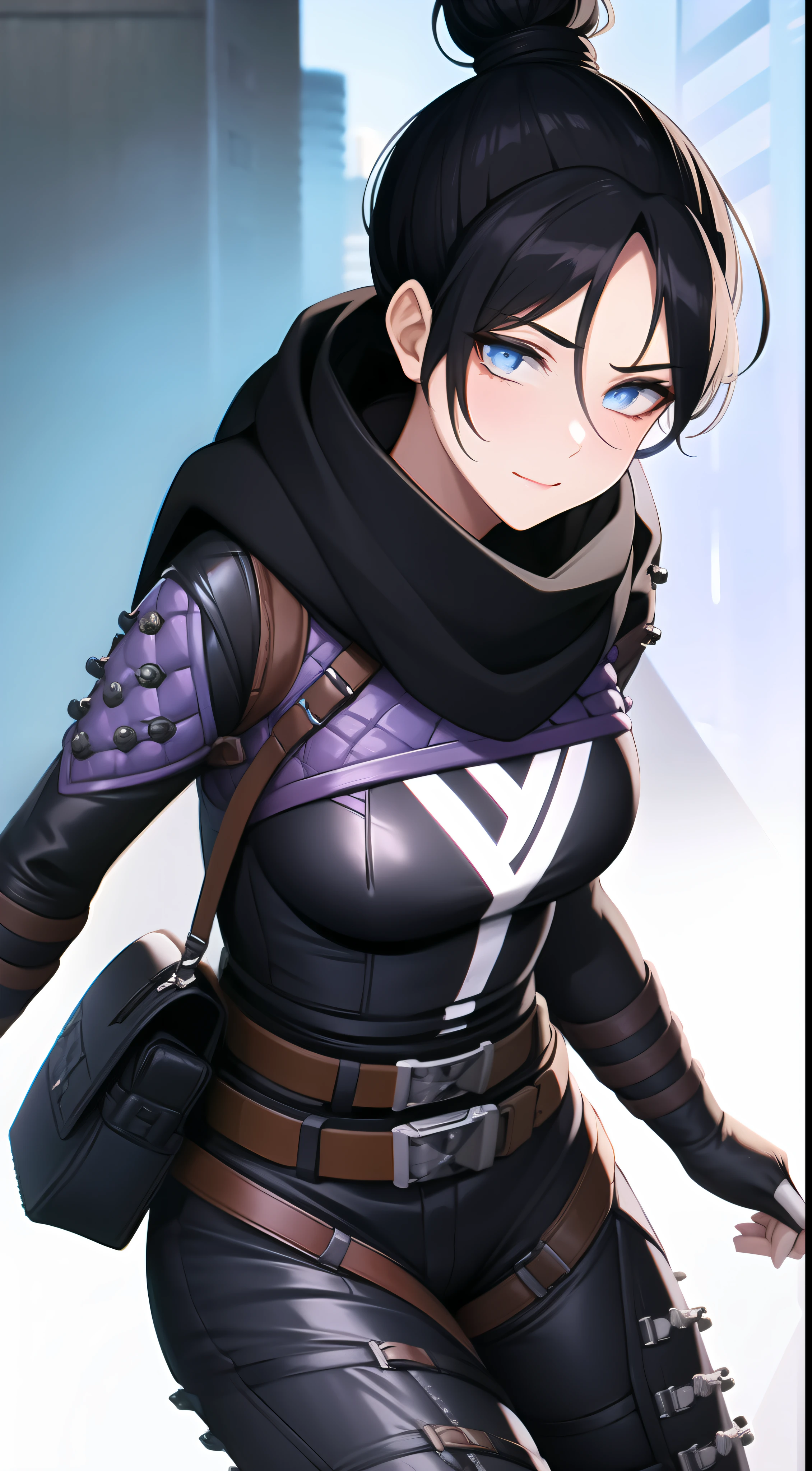 (masutepiece, Best Quality:1.2), wraith (Apex Legends), 1girl in, Solo, Single hair bun, Hair bun, body suit, scarf, Black bodysuit, Holding, breasts, Black hair, Black scarf, Large breasts, Blue eyes, Belt bag, brown belt, Bangs, Parted bangs, hair behind ear, gloves, nose piercing, Black Gloves, Thigh strap, Looking at Viewer,A smile、cyberpunked、Wagas、(buliding:1.4)