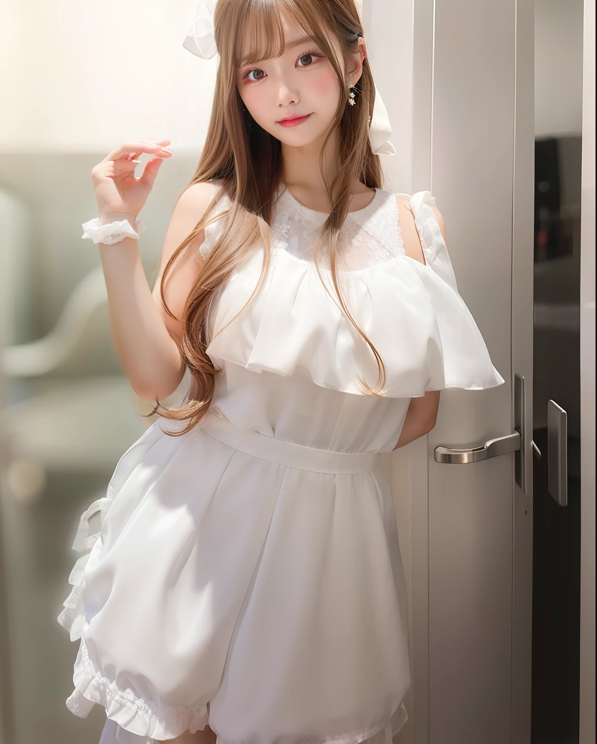 I girl,white dress,long hair,realistis,ultra detail,70 mm lens,