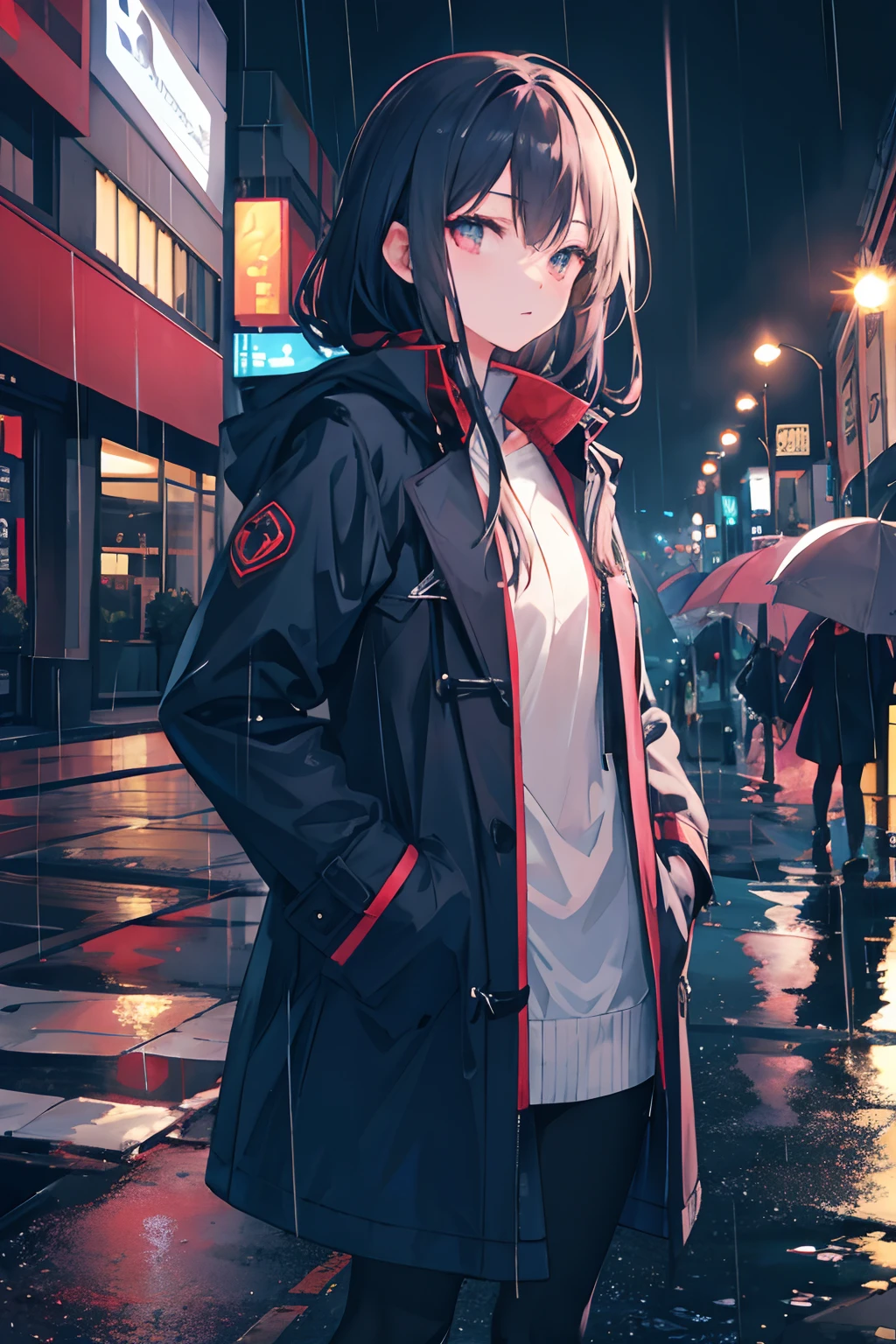 1 girl, night city, rain, coat, hands in pockets