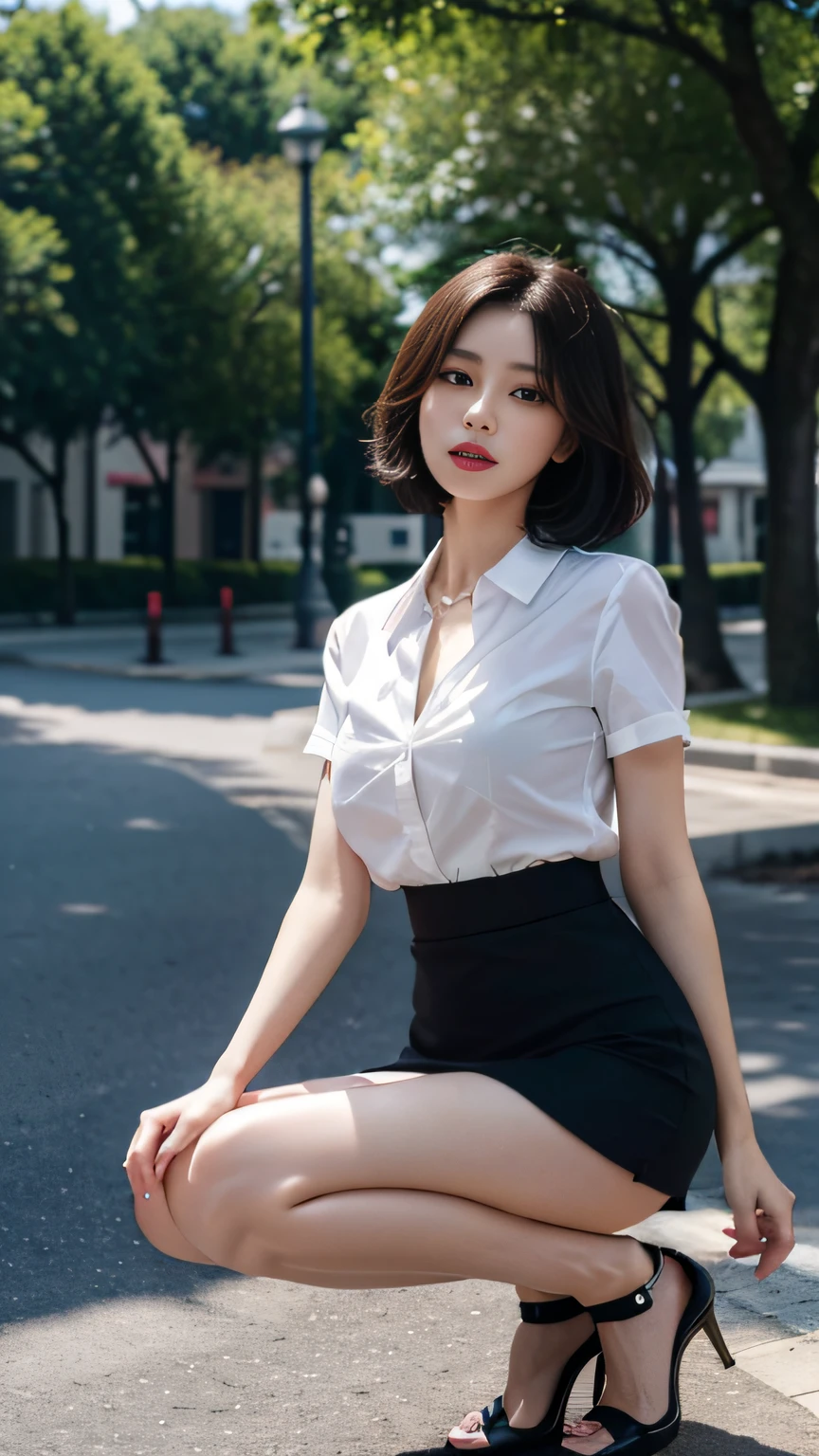 a park、((top-quality、8K、​masterpiece:1.3))、a beauty girl、1 female、爆乳:1.3、Slender body type:1.1、Crying：1.4、blac hair、Bery short hair、White shirt with collar、unclear、Black tight skirt、a miniskirt、hyperdetailed face、Detailed lips、A detailed eye、二重まぶた、full body Esbian、high-heels、Standing、