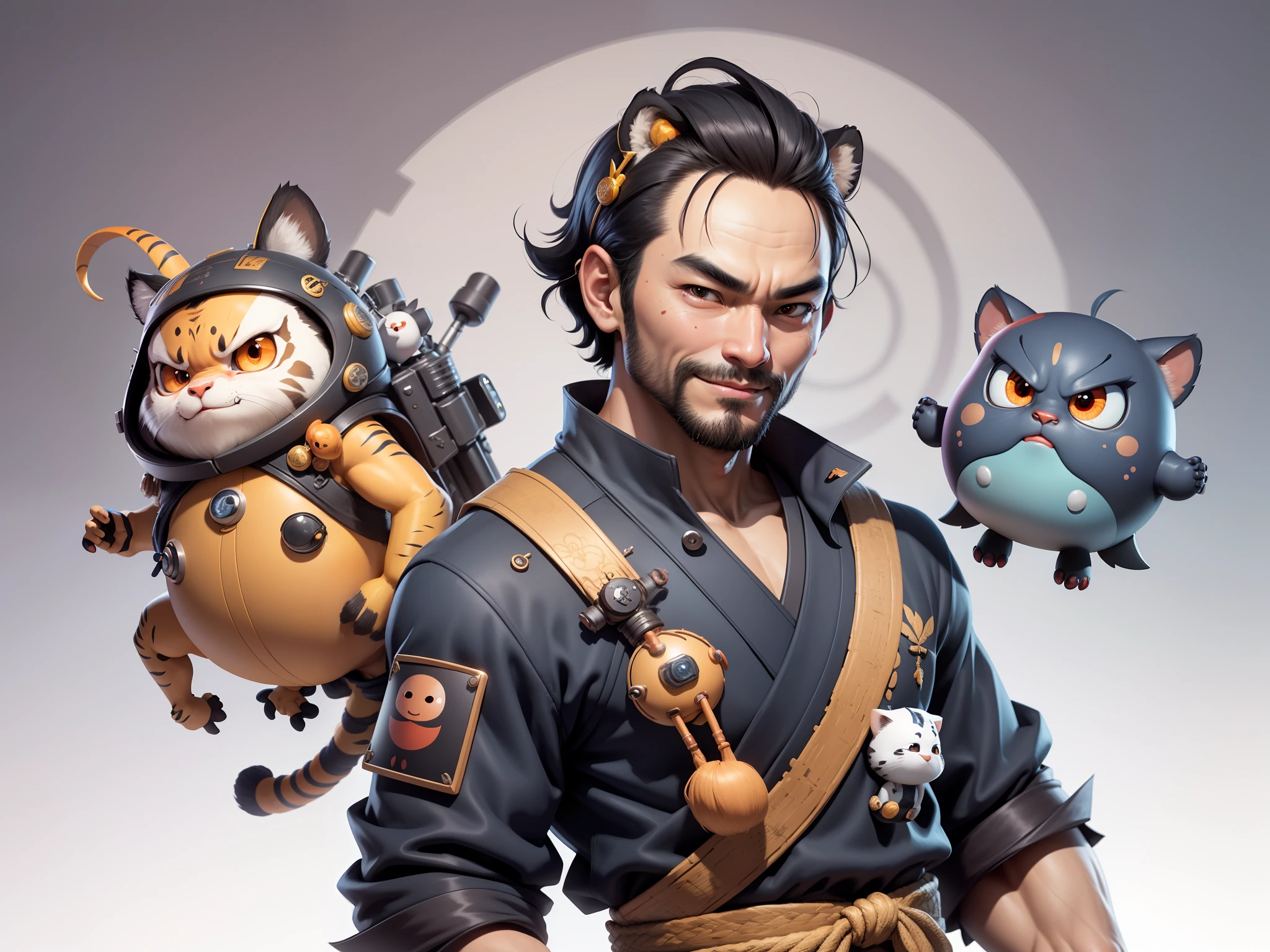 (Daisaku),(Need),(Super meticulous),(full bodyesbian:1.2),Super young man with Japanese geisha,Beautiful,orient,one tiger,Aeolian Thor,Raised sexy,爆乳,Oriental face,TV Anchor,Bust portrait illustration,In black suit,a blue tie,The face is slightly chubby,The face was clean,without a beard,Black super short hair,Black eyes,Smile confidently,3C computer sub-products,iPad, iphone,Digital painting,3D character design by Mark Clairen and Pixar and Hayao Miyazaki and Akira Toriyama,The illustration is a high-definition illustration in 4K resolution,With very detailed facial features and cartoon-style visuals。