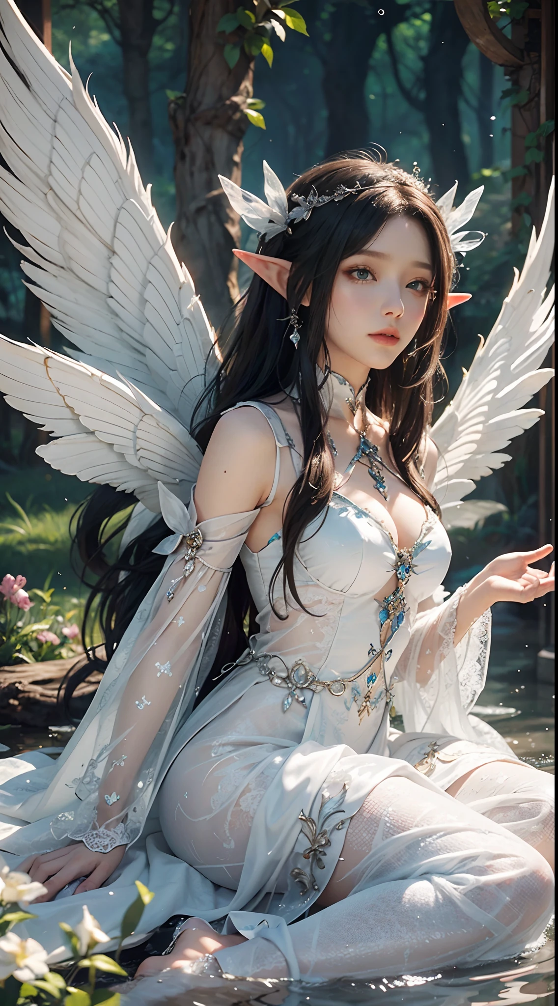 tmasterpiece,top-quality,orthofacial,Dressed in white,White angel wings,The feeling of being high,Elves flutter in the air,An ancient and mysterious palace,Fantastic white,A sense of fatalism,best qualtiy,Main layout,Light lighting,Ishimaru,the elf,Gauze sleeves,water fairy,closeup fantasy with water magic,Pixie in hand,Hand cast spells,Ethereal fantasy,fairy aesthetics,astral fairy,Beautiful Elf Queen,ethereal fairytale,fantasy aesthetic!,Fairy tale core,anime cosplaying,EtherealBeauty,Fantasy art style,Anime girl role play,Ethereal fantasy,Beautiful fairy in white