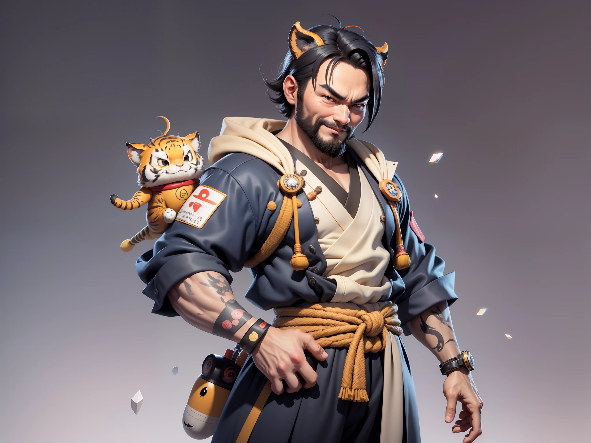 (Daisaku),(Need),(Super meticulous),(full bodyesbian:1.2),Super young man with Japanese geisha，Beautiful，orient，one tiger，Aeolian Thor，Raised sexy，爆乳，Oriental face，TV Anchor，Bust portrait illustration，In black suit，a blue tie，The face is slightly chubby，The face was clean，without a beard，Black super short hair，Black eyes，Smile confidently，3C computer sub-products，iPad， iphone，Digital painting，3D character design by Mark Clairen and Pixar and Hayao Miyazaki and Akira Toriyama，The illustration is a high-definition illustration in 4K resolution，With very detailed facial features and cartoon-style visuals。