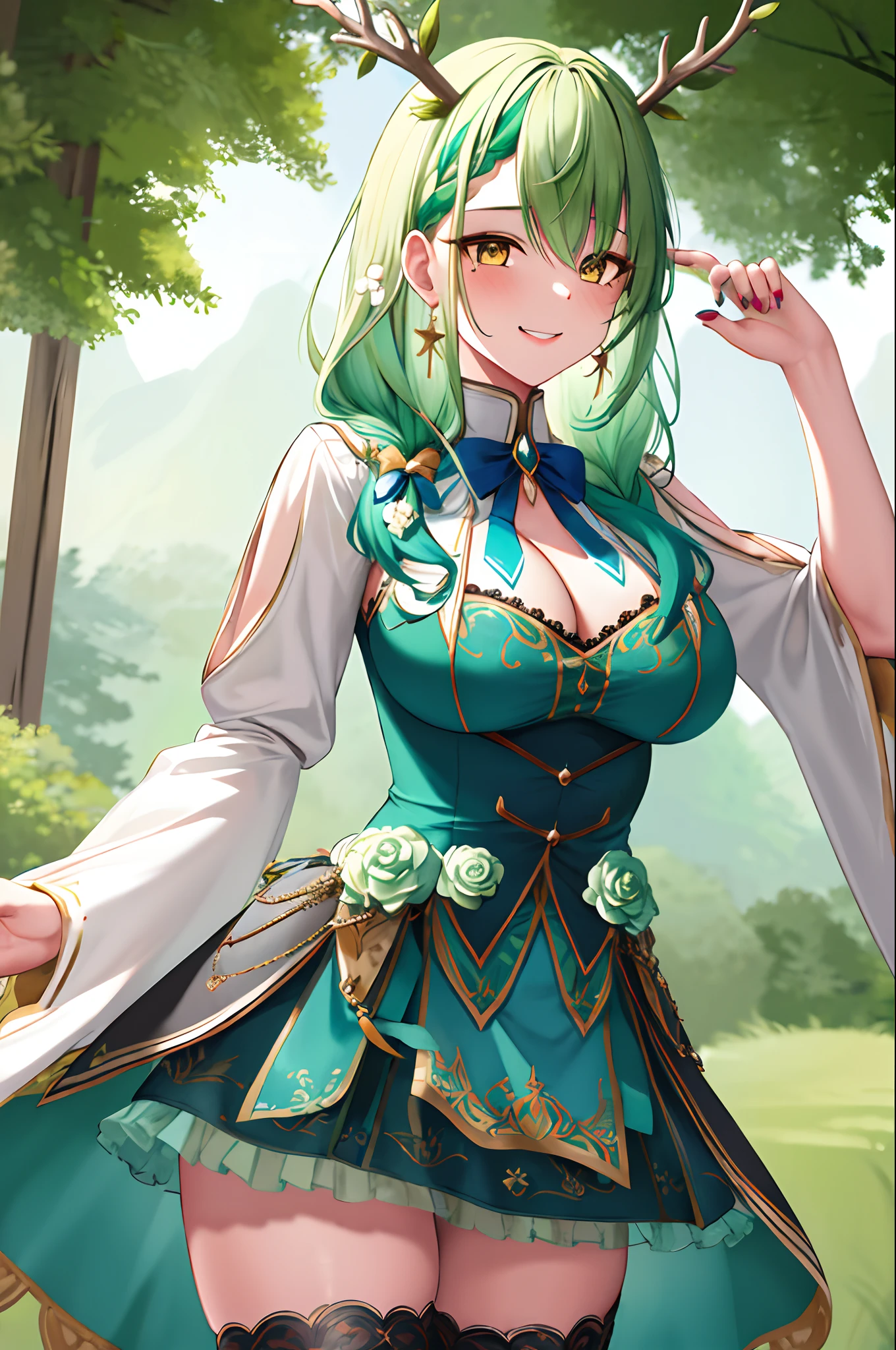 masterpiece, best quality, 1girl, breasts, green hair, braid, braided bangs, cleavage, thighhighs, single braid, single thighhigh, antlers, dress, yellow eyes, jewelry, anklet, nail polish, mole, toenail polish, green nails,hair flower, mole under eye, multicolored hair, long hair, toenails, hair ornament, large breasts, green flower, streaked hair, earrings, white thighhighs, bow, bangs, wide sleeves, leaf, blue dress, horns, ceres fauna, smile, cowboy shot,