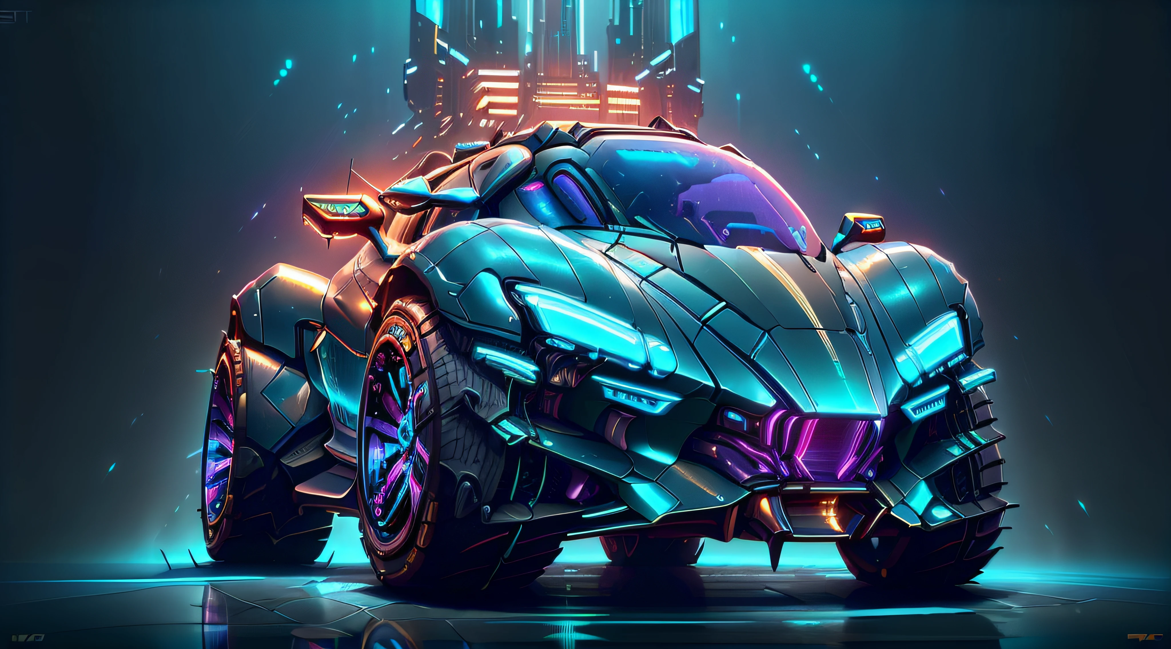 (CyberPunkAI:1.2), (BugattiAI:0.4), (sleek symmetrical futuristic sports car:1.2) with a futuristic weapon mount, (iridescent blue:1.4) paint, (city background, at night:1.4), highly detailed rims, (glowing rims:1.2), (intricate details, golden ratio, masterpiece:1.2), (8k, photorealistic, insane quality, best quality:1.6), extremely detailed, highest detail, highly detailed, incredibly detailed