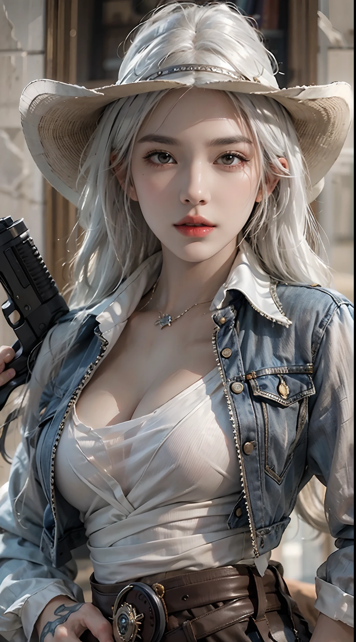 Photorealistic, high resolution, 1womanl, Solo, Hips up, view the viewer, (Detailed face), White hair, cowboy, Gun, jewelry, tattoo