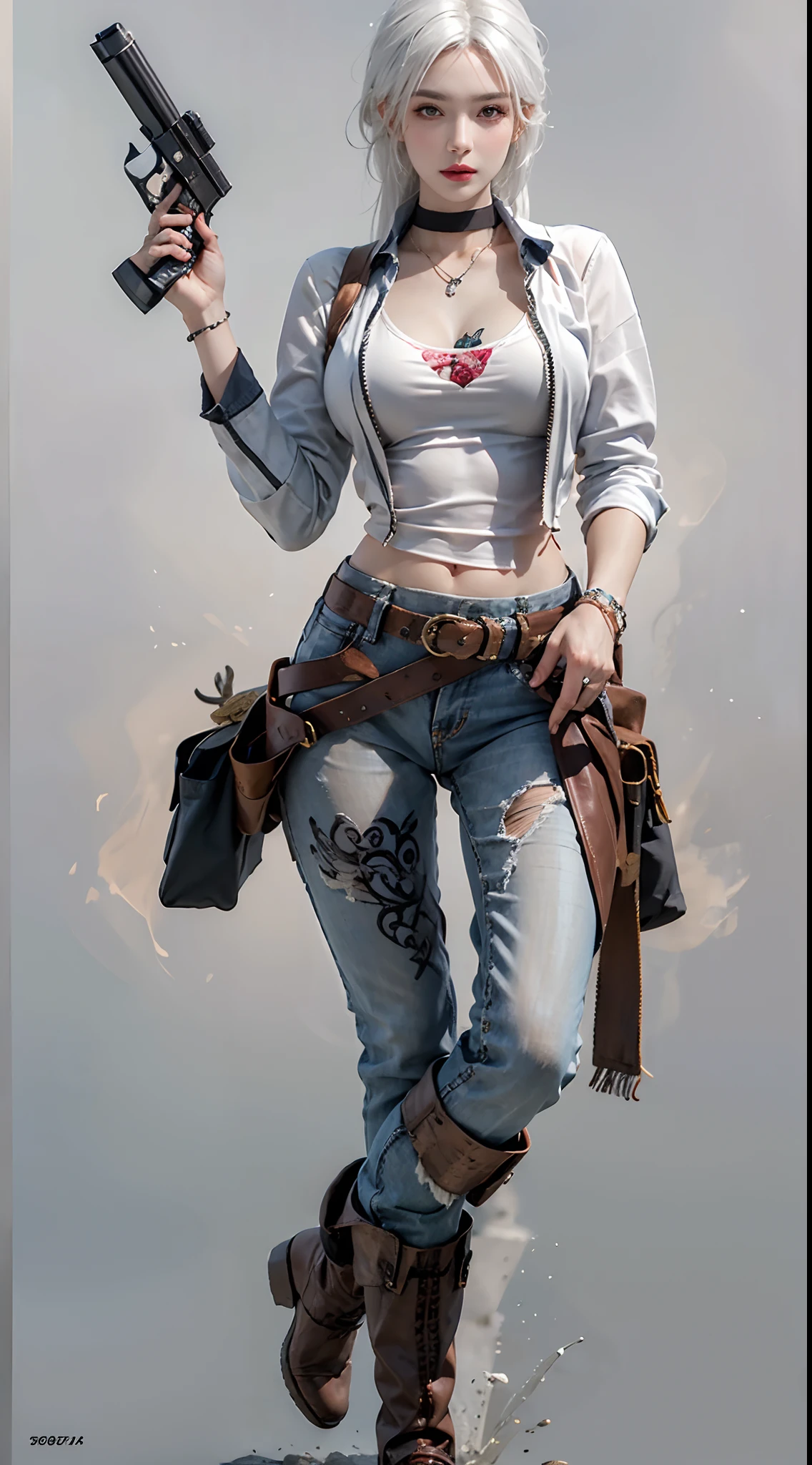 Photorealistic, high resolution, 1womanl, Solo, Hips up, view the viewer, (Detailed face), White hair, cowboy, Gun, jewelry, tattoo