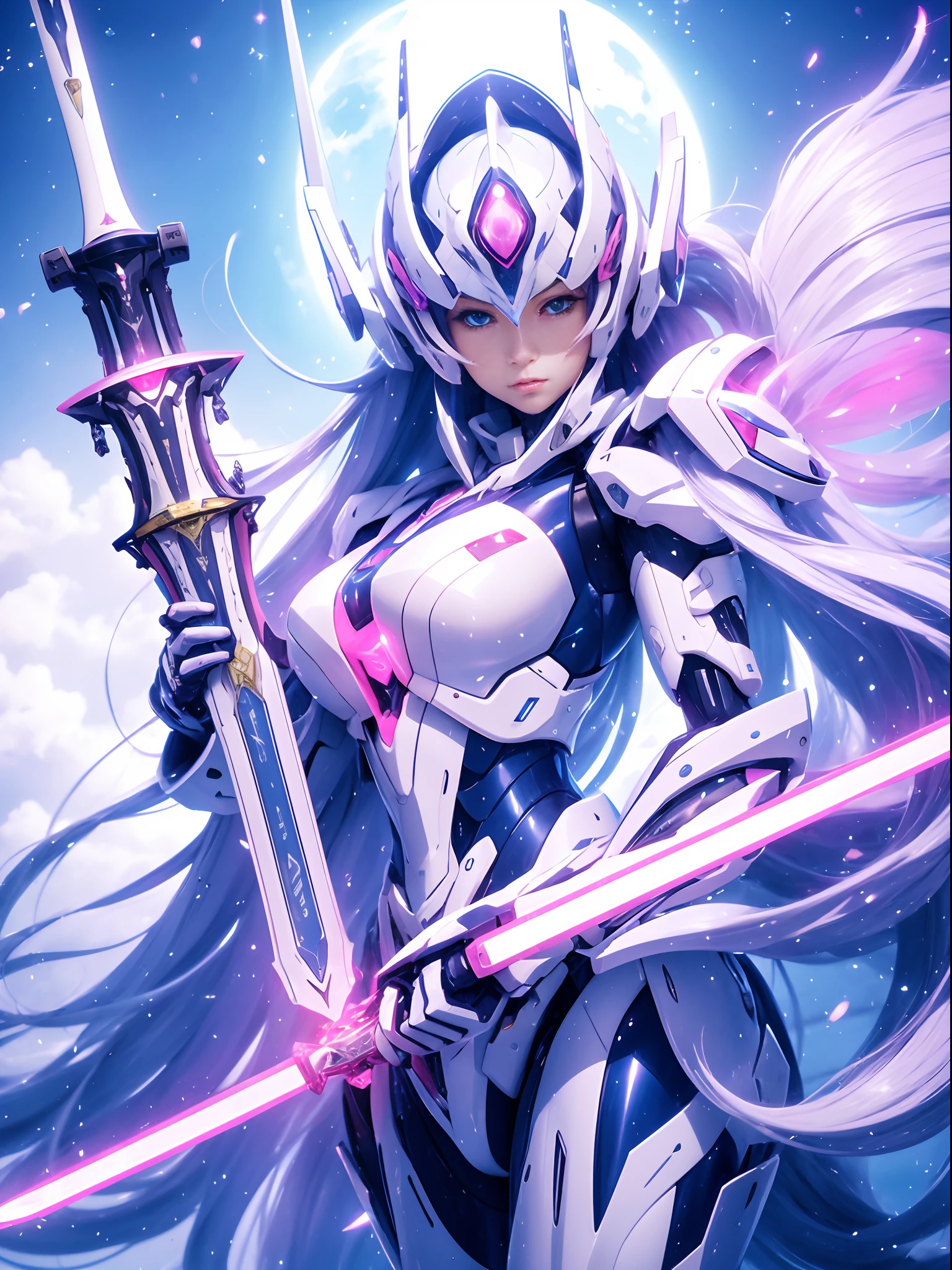 mecha_musume, 1 girl, long_hair, science_fiction, weapon, lightsaber, holding_sword, blue_eyes, solo, headdress, holding_weapon, mecha, bust, pink and white livery, angel halo, sad gaze, upper body, mermaid line,