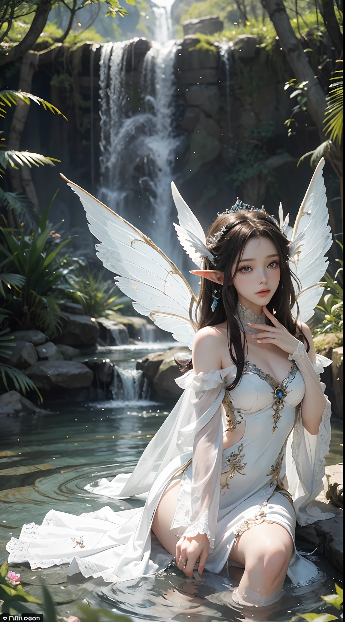 tmasterpiece,top-quality,orthofacial,Dressed in white,White angel wings,Lie on your stomach in the water,The feeling of being high,Elves flutter in the air,An ancient and mysterious palace,Fantastic white,A sense of fatalism,best qualtiy,Main layout,Light lighting,Ishimaru,the elf,Gauze sleeves,water fairy,closeup fantasy with water magic,Pixie in hand,Hand cast spells,Ethereal fantasy,fairy aesthetics,astral fairy,Beautiful Elf Queen,ethereal fairytale,fantasy aesthetic!,Fairy tale core,anime cosplaying,EtherealBeauty,Fantasy art style,Anime girl role play,Ethereal fantasy,Beautiful fairy in white