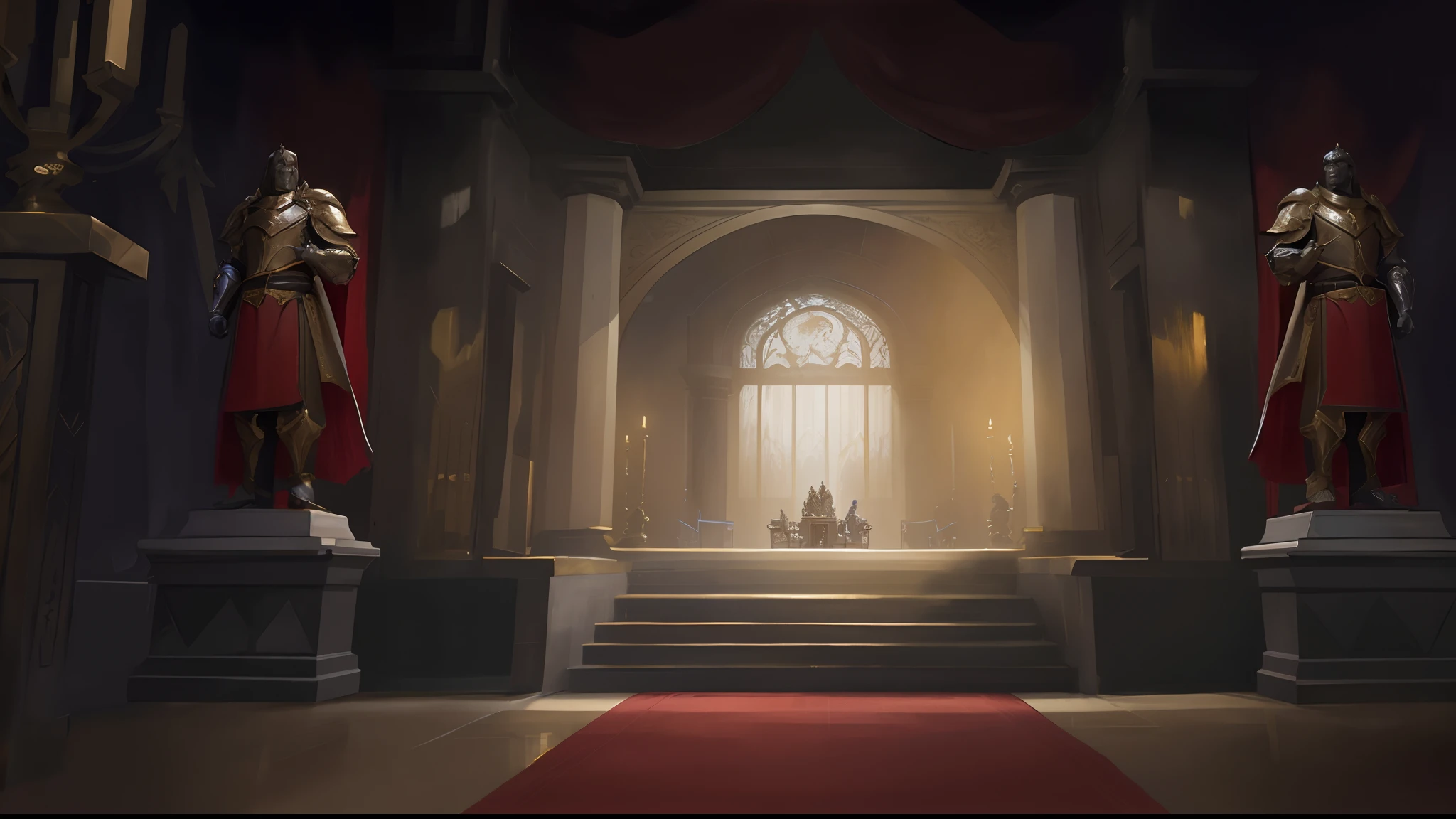 In the hall stand two statues of knights, Throne Room, in a throne room, exquisitely designed throne room, concept art stunning atmosphere, epic cinematic concept art, 8k hd wallpaperjpeg artifact, 8k hd wallpaperjpeg artifact, concept art artwork masterpiece, Dramatic lighting. concept-art, Riot game concept art