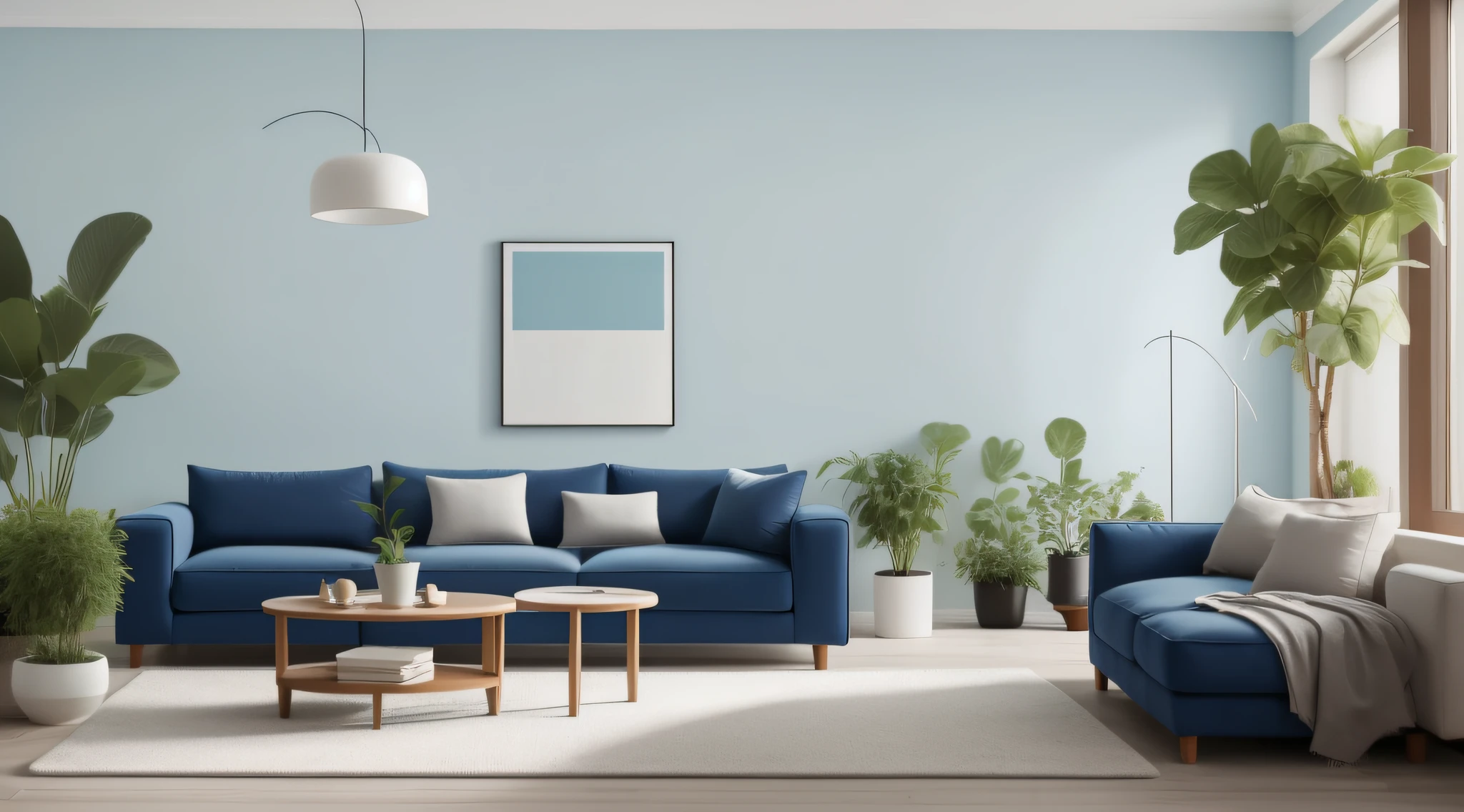 a blue couch with pillows and a table with potted plants, a minimalist painting by Andries Stock, shutterstock contest winner, minimalism, furniture photography, living room wall background, living room background, lounge background, furniture and decor, personal room background, placed in a living room, placed in a large living room, solid background color, soft blue living room, bold complementary colours