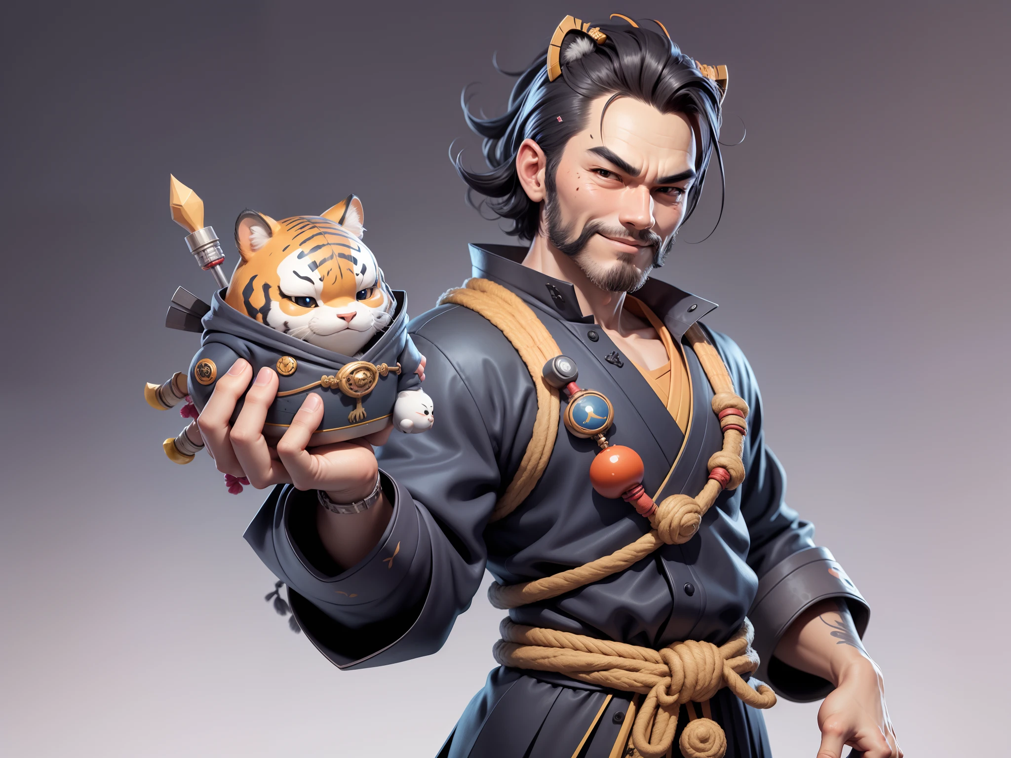 (Daisaku),(Need),(Super meticulous),(full bodyesbian:1.2),Super young man with Japanese geisha,Beautiful,orient,one tiger,Aeolian Thor,Raised sexy,爆乳,Oriental face,TV Anchor,Bust portrait illustration,In black suit,a blue tie,The face is slightly chubby,The face was clean,without a beard,Black super short hair,Black eyes,Smile confidently,3C computer sub-products,iPad, iphone,Digital painting,3D character design by Mark Clairen and Pixar and Hayao Miyazaki and Akira Toriyama,The illustration is a high-definition illustration in 4K resolution,With very detailed facial features and cartoon-style visuals。