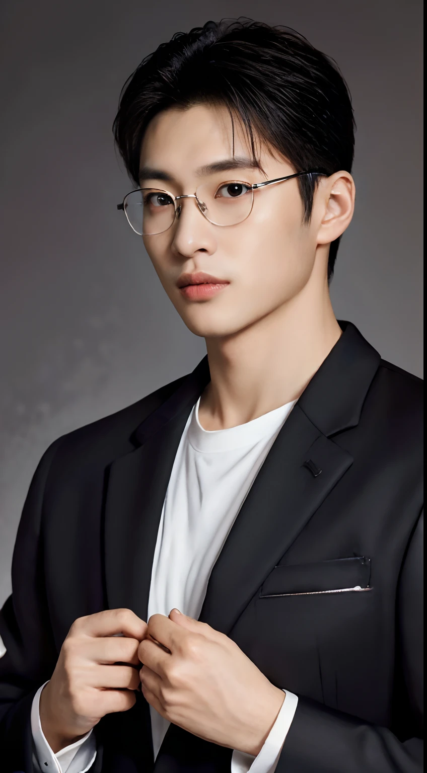 oppav3, (masterpiece, ultra quality, high resolution, 8k, intricate: 1.2), (detailed face:1.2), (wearing black suit:1.5), handsome, detailed skin, pores, absurdres, hunk, 1boy, male focus, ((realistic)), good lighting quality, muscle veins, ((pale skin)), flexing, balanced eyes, brown eyes,black glasses