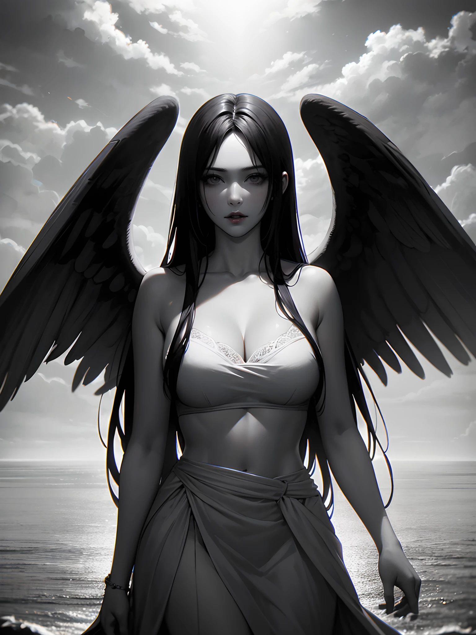 Angels descended from heaven, [Monica Bellucci], [Wings], Long hair, Joyful, Black and white color palette, vogue photography, high resolution, Detailed, Dreamy, The illusion of heaven, Heavenly sky, Depth of field.
