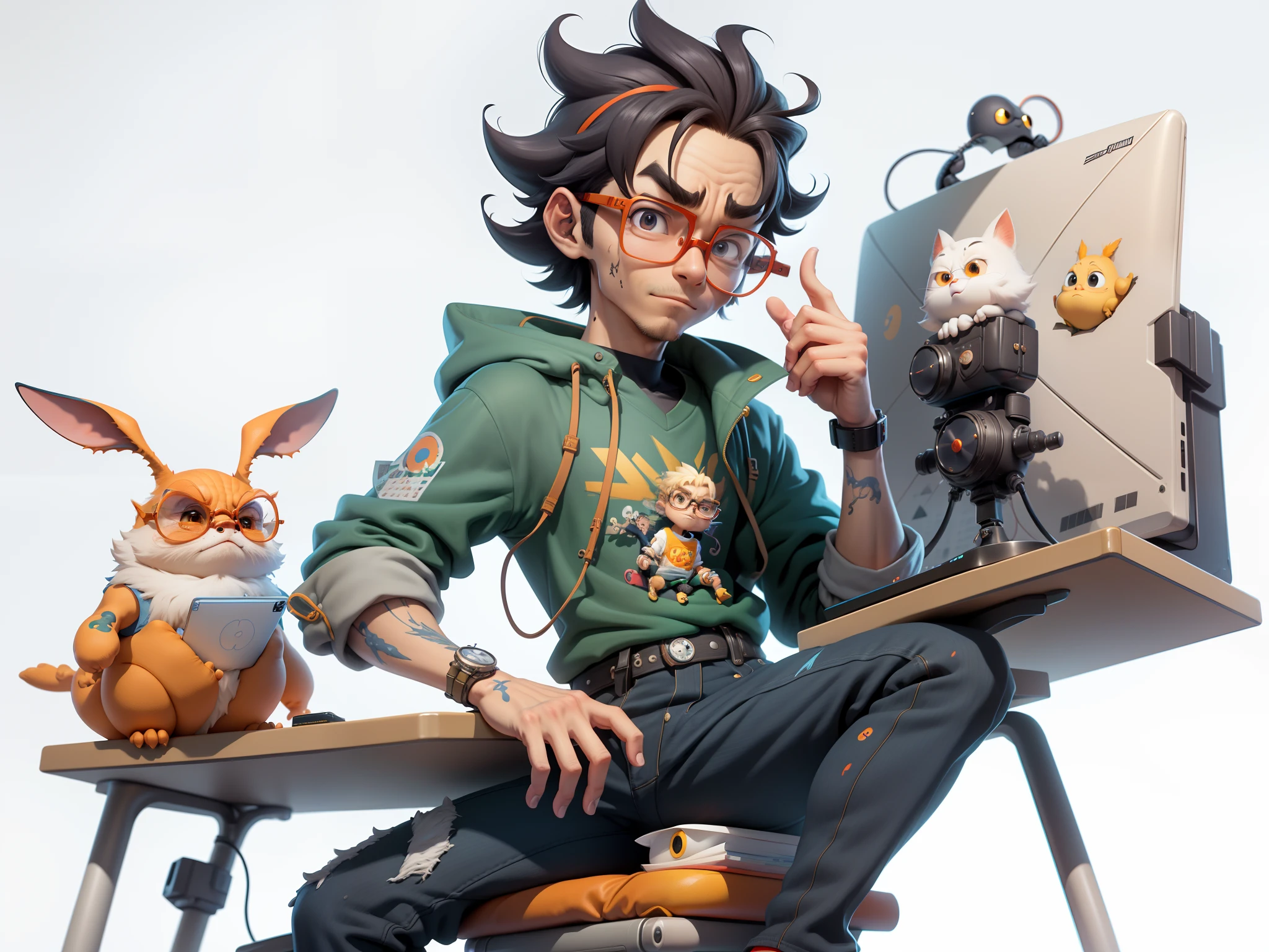 A young man with glasses sits at his desk,holding laptop,digitial painting,3D character design by Mark Clairen and Pixar and Hayao Miyazaki and Akira Toriyama,4K HD illustration,Very detailed facial features and cartoon-style visuals。