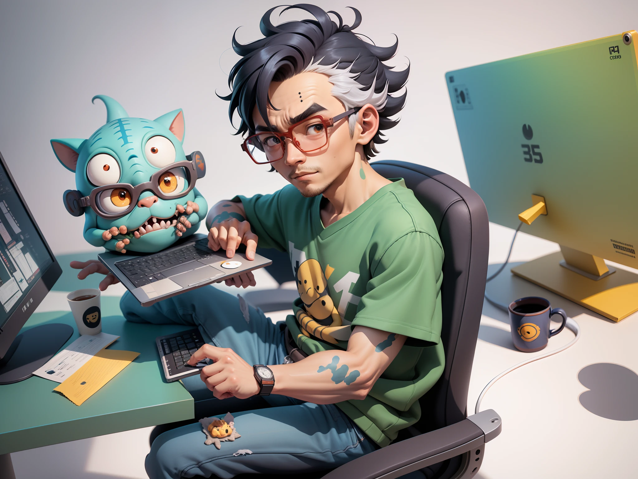 A young man with glasses sits at his desk,holding laptop,digitial painting,3D character design by Mark Clairen and Pixar and Hayao Miyazaki and Akira Toriyama,4K HD illustration,Very detailed facial features and cartoon-style visuals。