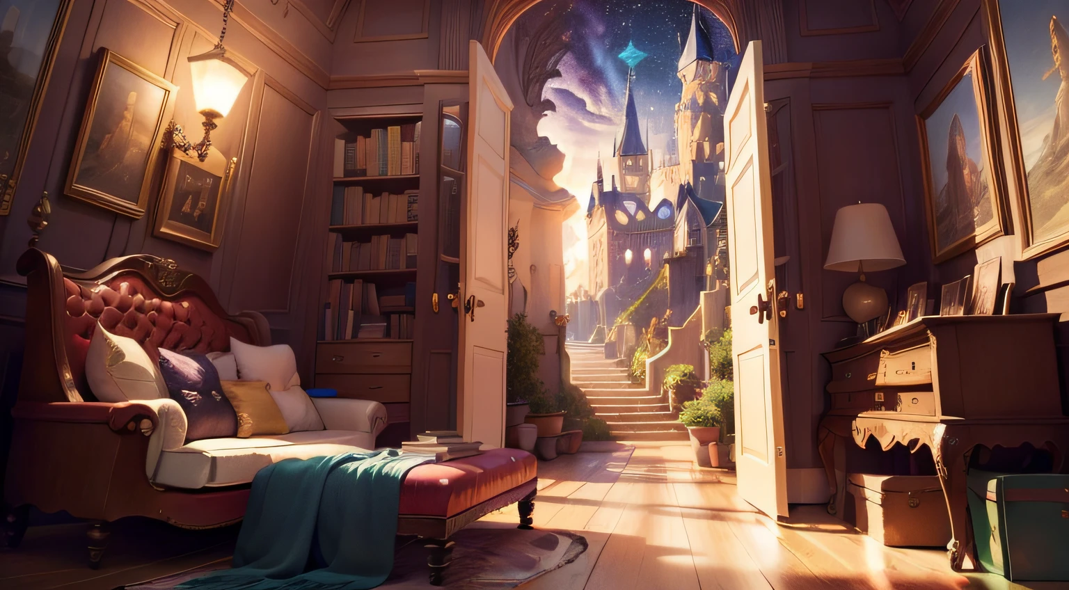 depict a whimsical and enchanting scene that transports viewers into a world of imagination and adventure. Include elements like flying books, curious creatures, sparkling stars, and perhaps a magical doorway leading to different story realms. The colors should be bright and inviting, evoking a sense of joy and wonder.
