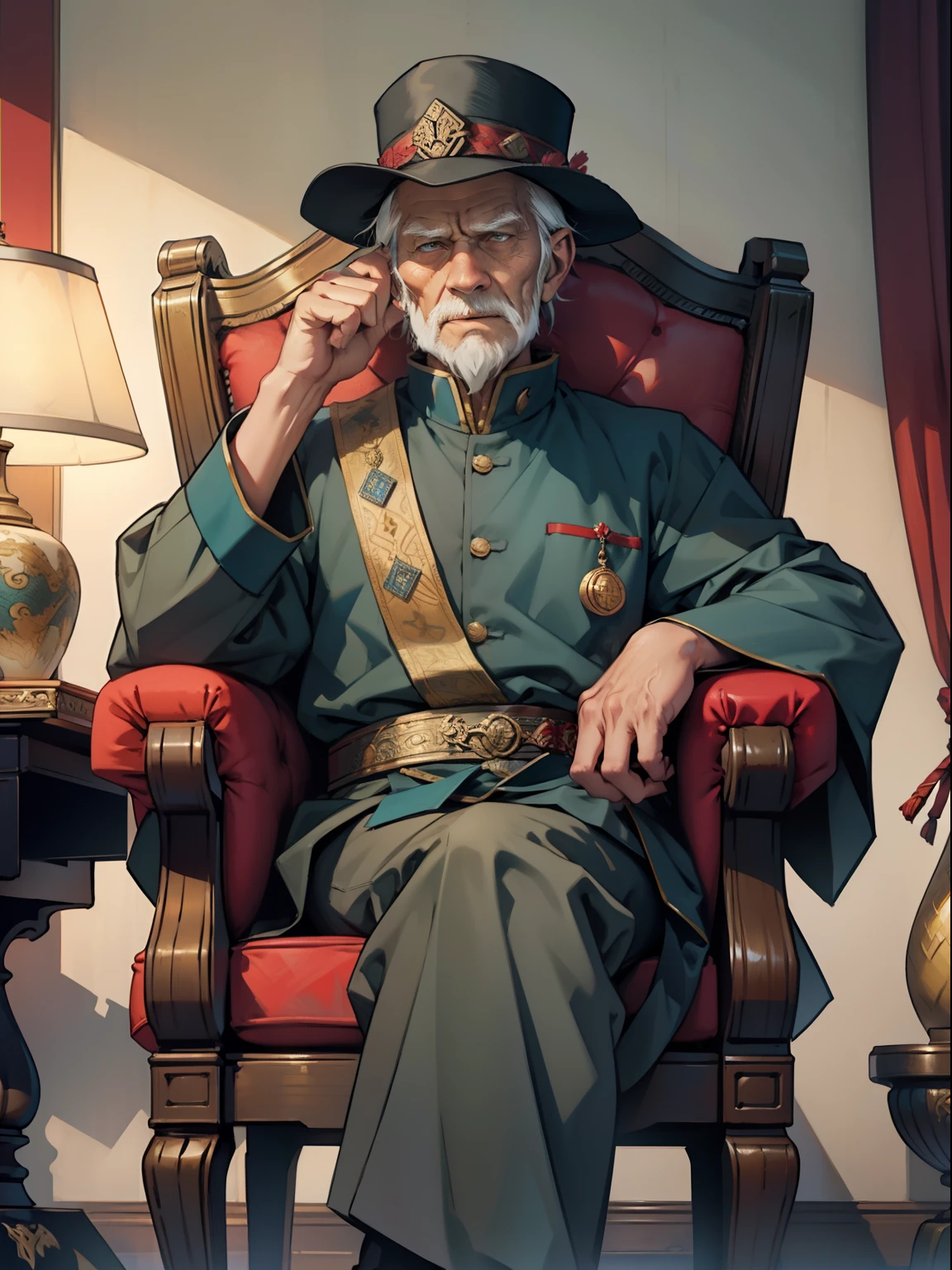 old man,Wearing an emperor's hat,Sit in a dragon chair,