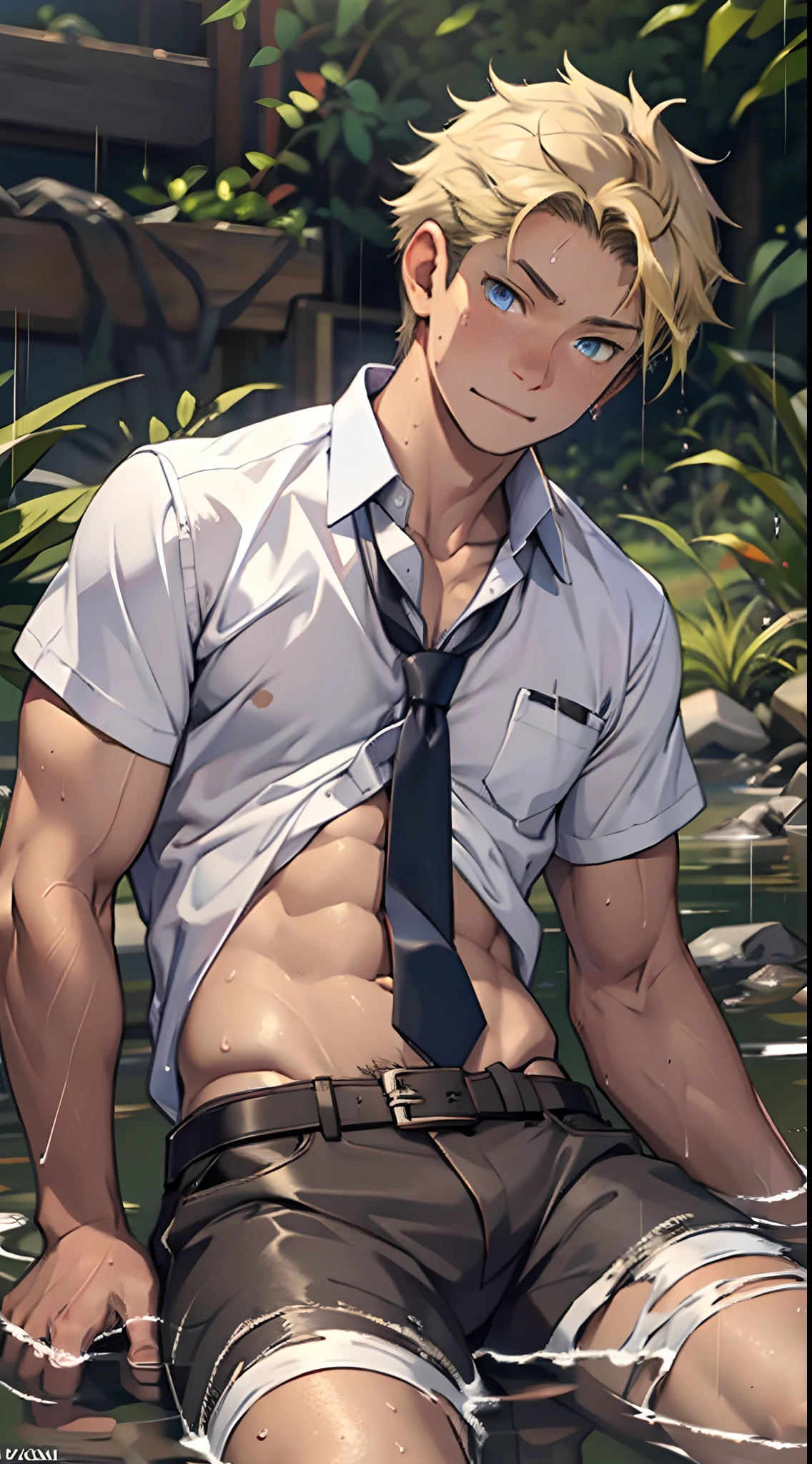 (1 Adult male),A high resolution, Sharp focus, Pixiv masterpiece, ((Complicated details)), highly detailed, natsuki_subaru, 1 man,Lying in the mud, Lazy,full bodyesbian, blue color eyes(eyes glowing), Short yellow hair,white shirt,Wear a tie,Wear a belt,perspire,rain,Drenched,Sweaty crotch,look from down