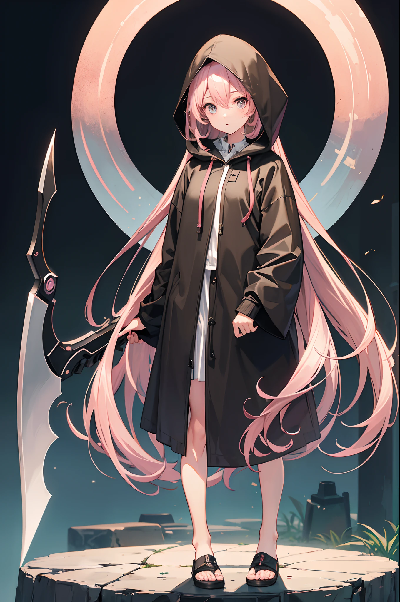Cute hooded hooded grim reaper shrouded in dark mist,Wielding a scythe,Emerge from the swirling shadows.Cute hooded hooded grim reaper shrouded in dark mist,Wielding a scythe,Emerge from the swirling shadows.Stand in the Cemetery of Forgotten Souls.(Light brown and pink striped hair:1.3,)Standing,Perfect face,Proper body proportion,(Light brown and pink striped hair:1.3,)Standing,Perfect face,Proper body proportion,masutepiece,Best Quality,超A high resolution,Intricate details,Extremely delicate and beautiful,photographrealistic,Dreamy,Professional Lighting,realistic shadow,Solo Focus,Beautiful hands,Beautiful fingers,