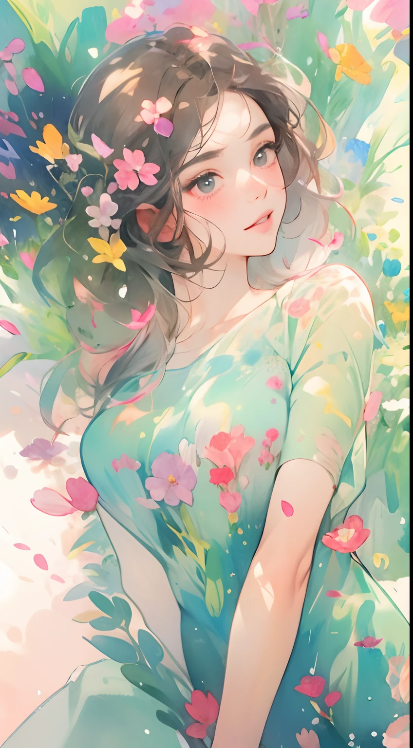 (best qualtiy,tmasterpiece,aquarelle,Splash ink),1 beautiful and delicate portrait of a girl,Playful and cute,Background Petals drifting