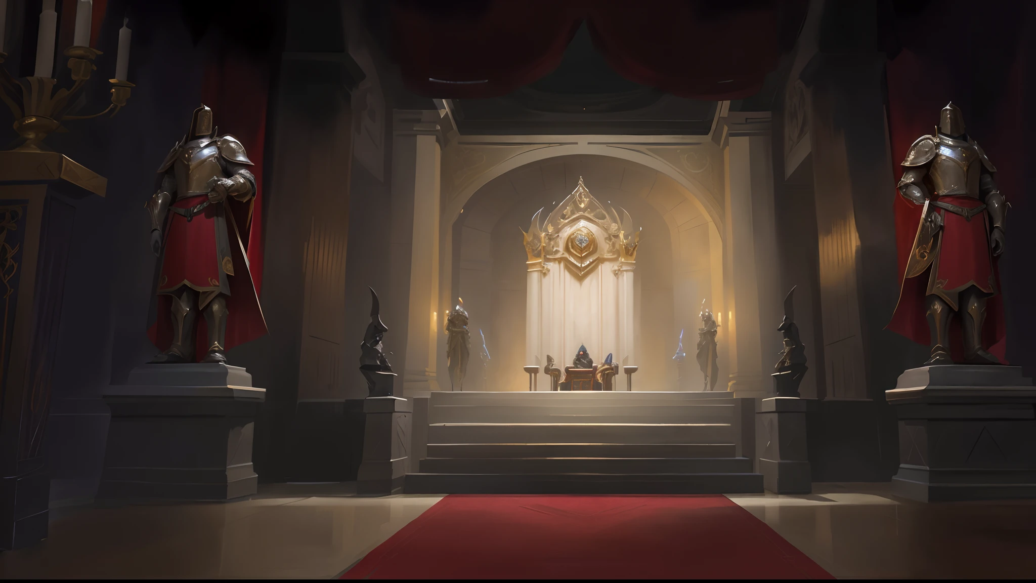 In the hall stand two statues of knights, Throne Room, in a throne room, exquisitely designed throne room, concept art stunning atmosphere, epic cinematic concept art, 8k hd wallpaperjpeg artifact, 8k hd wallpaperjpeg artifact, concept art artwork masterpiece, Dramatic lighting. concept-art, Riot game concept art