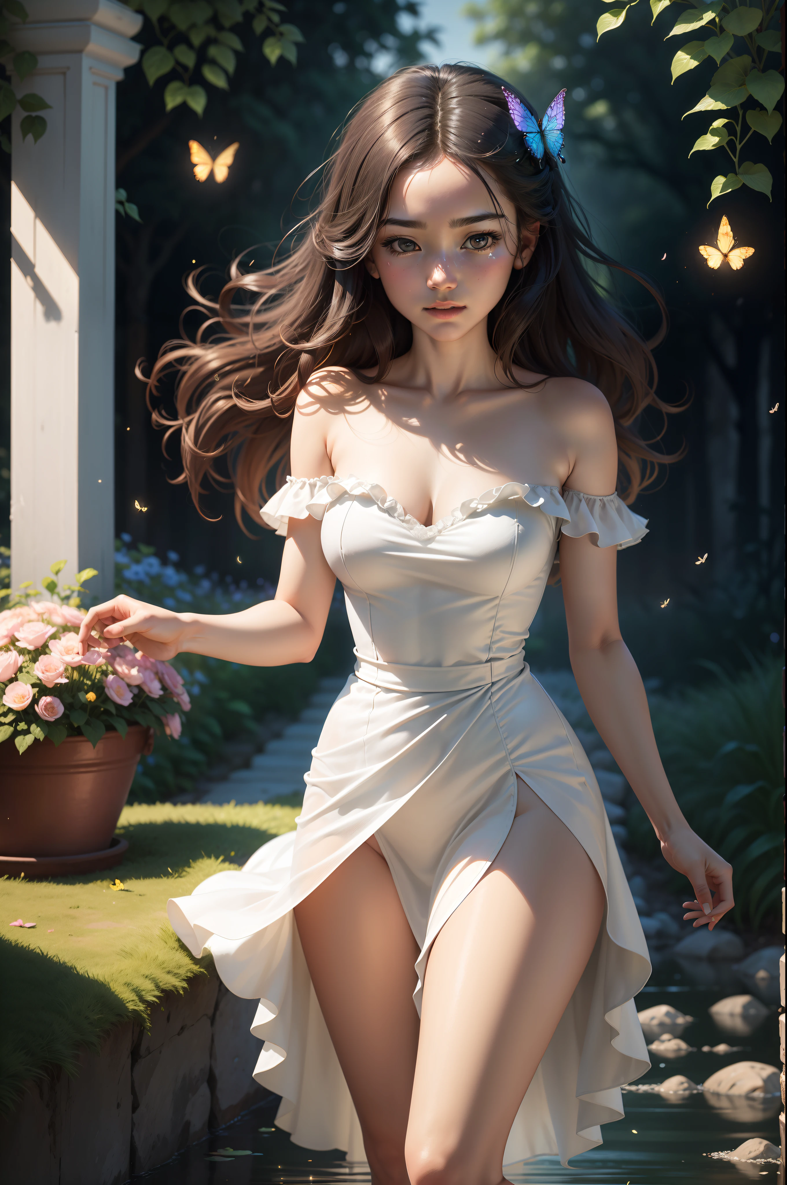 1girl, solo, full body, (masterpiece:1.21), (best quality:1.2), colorful, (illustration:1.2), (cinematic lighting:1.1), (bare shoulders:1.21), (collarbone:1.21) In this whimsical garden of fantasy, The scene is illuminated by a rainbow (colorful fireflies) dancing in the air. Soft (drizzle) adorns the garden, creating a hazy and ethereal atmosphere. In the center of the picture, there stands a single girl, an extremely delicate girl, with cute facial features and an innocent expression. Her long hair fluttered in the wind. She wears an ultra-low-cut strapless dress that accentuates her curves. The lighting is very delicate and beautiful, creating a soft and warm glow that highlights the surface of the water and makes it sparkle like a diamond. The best grass is also illuminated, creating a lush carpet. The garden is surrounded by colorful fields of flowers of all colors and shapes. You can see (colored butterflies) of various colors and sizes flying in the scene, adding to the overall sense of wonder and magic. (Officers), a flush can be seen on the bridge of the nose, and the mouth is slightly open, which adds to the overall sense of innocence and youth. Falling petals can be seen floating around her, adding to the overall romance and beauty. The gentle breeze, rustling leaves and swaying flowers add to the overall dynamism and vitality. It is a scene of pure wonder and magic, full of color and beauty, and viewers can lose themselves in this fascinating and fascinating world.