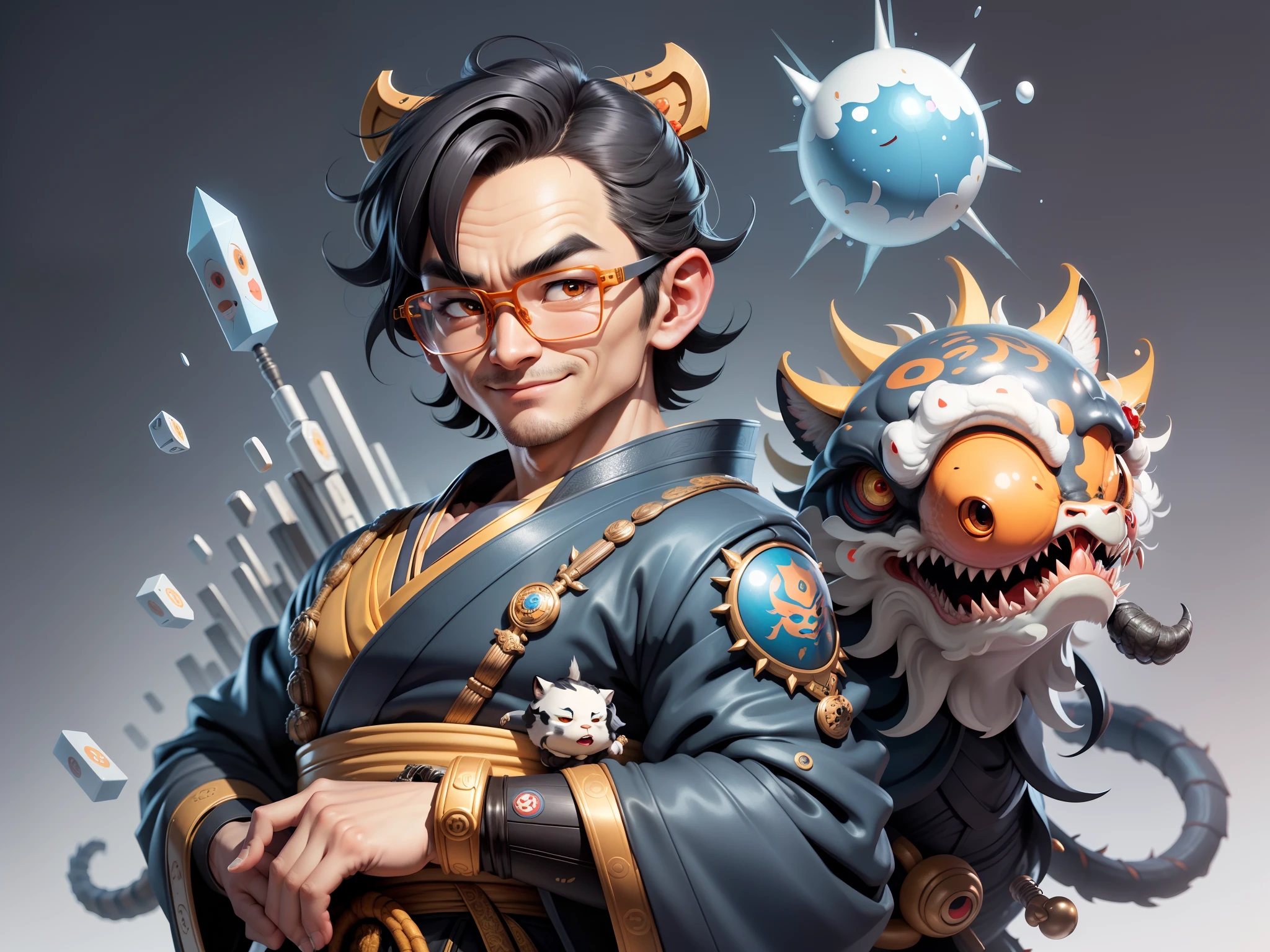 (Masterpiece), (Excellent), (Super Meticulous), (Full Body: 1.2), Super Young Man with Japanese Female Geisha, Pretty, Beautiful, Chinese Dragon, Tiger, Wind God Thor, Sexy, Bursting, Oriental Face, TV Anchor, Bust Portrait Illustration, Black Suit, Blue Tie, Slightly Chubby Face, Silver Glasses, Very Clean Face, No Beard on Chin, Black Super Short Hair, Black Eyes, Confident Smile, 3c Computer Sub-Products, iPad, iPhone, Digital Painting, 3D character design by Mark Clairedon and Pixar and Hayao Miyazaki and Akira Toriyama, the illustrations are HD illustrations in 4K resolution with highly detailed facial features and cartoon-style visuals.