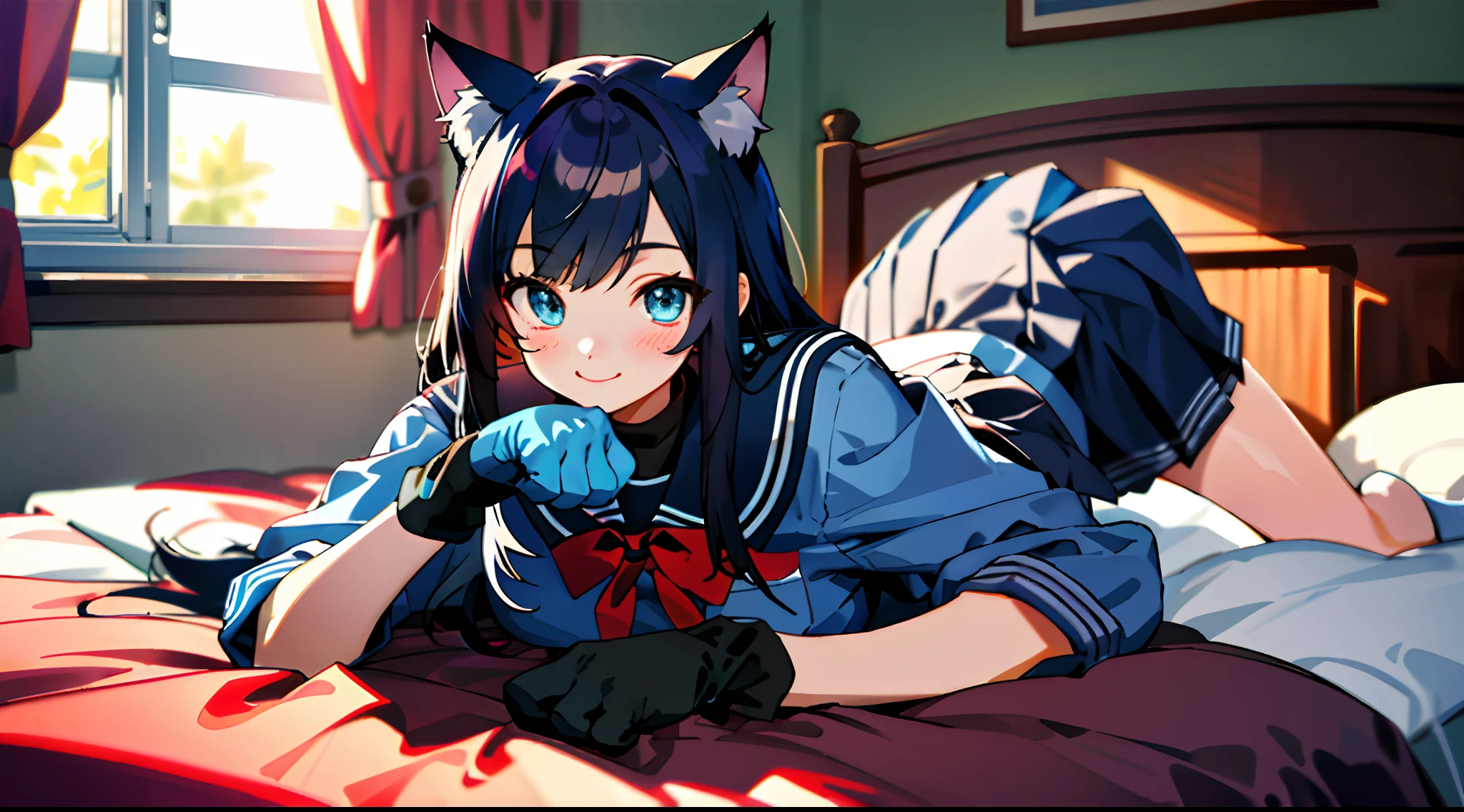 (masterpiece, best quality), 1 beautiful girl, cat ears, smile, slim body, (school uniform:1.1), (detailed beautiful eyes), paw gloves, bedroom, indoors,
