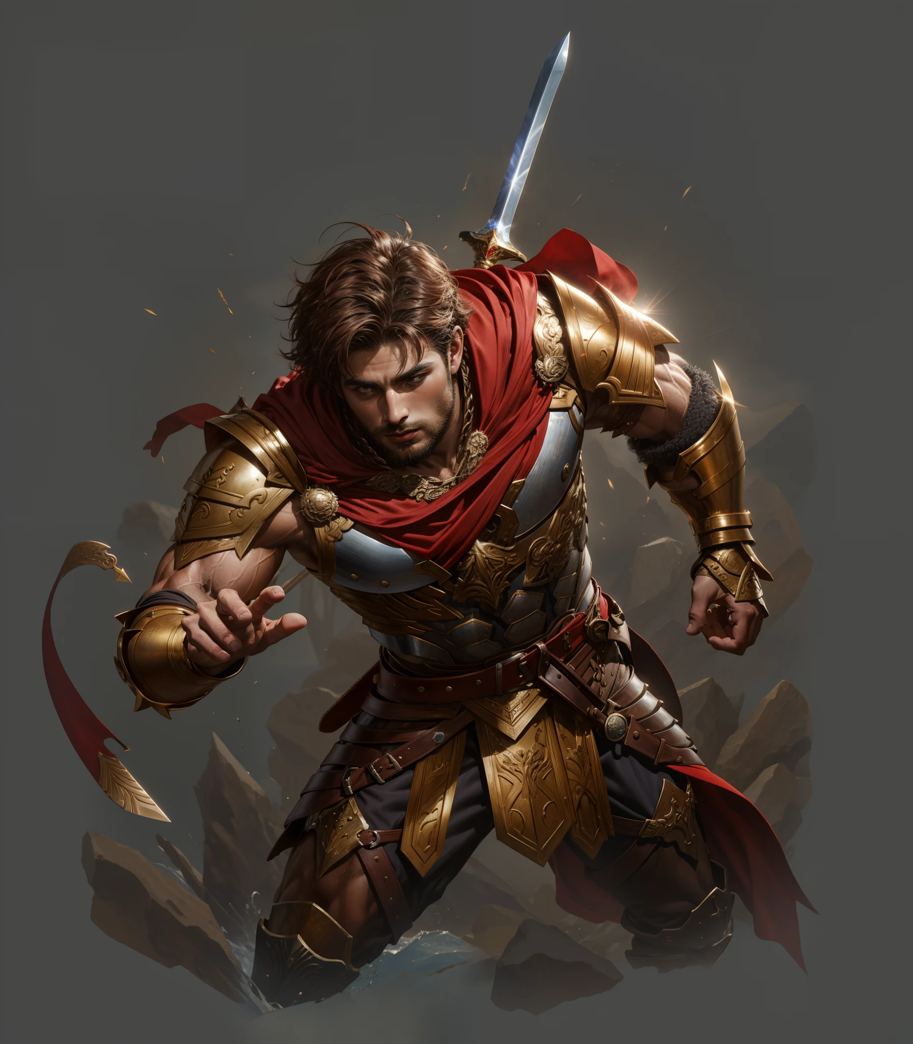 Greek warriors，20yr old，Young and handsome，fanciful，greek myth，Bronze armor，short detailed hair，flathead，brown  hair，Masculinity，，Red cape，leathers，chest muscle，Abs，musculature，Strong，One -handed sword，