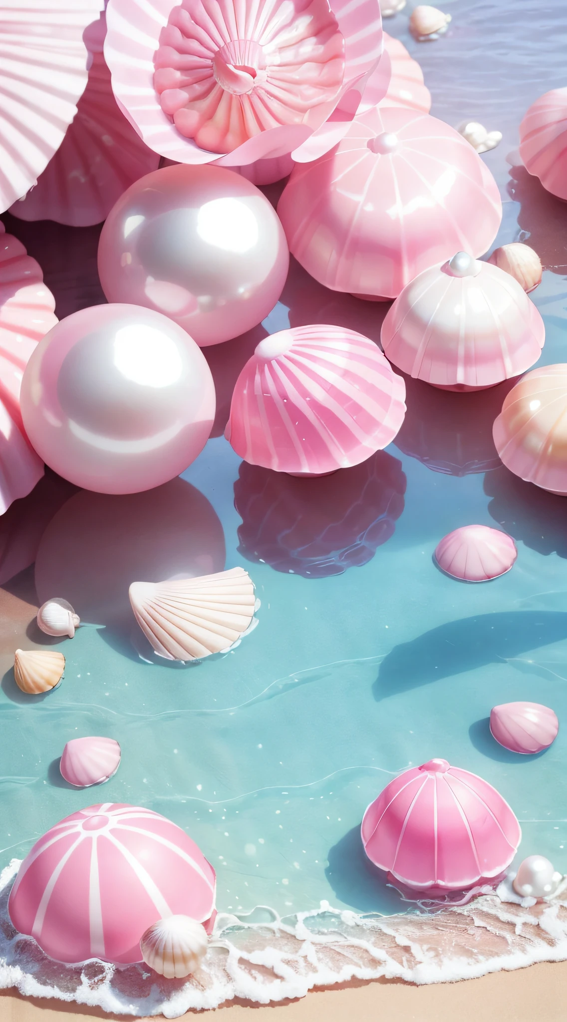 (8K, RAW photo, Best quality, masutepiece: 1.2), (Realistic, Realistic: 1.37) There are pink shells on the beach, there are waters, Pearlescent, pearls and shells, Soft spill, pearls, Pink jellyfish are everywhere, Soft 3D rendering, Ethereal bubbles, Bubble landscape, Elay shader, pastel pink, Pink reflections, Pearl Sky, shells, Paradise pink, Pastel colors, Pink pastels,