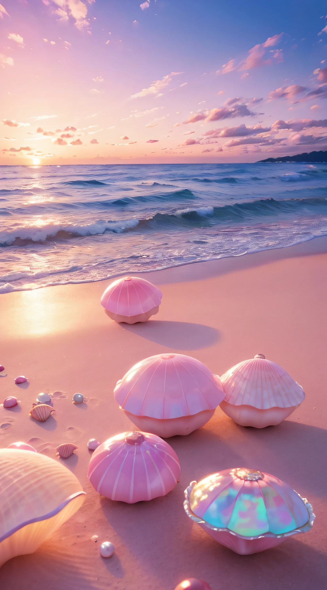 (8K, RAW photo, Best quality, masutepiece: 1.2), (Realistic, Realistic: 1.37) There are pink shells on the beach, there are waters, Pearlescent, pearls and shells, Soft spill, pearls, Pink jellyfish are everywhere, Soft 3D rendering, Ethereal bubbles, Bubble landscape, Elay shader, pastel pink, Pink reflections, Pearl Sky, shells, Paradise pink, Pastel colors, Pink pastels,