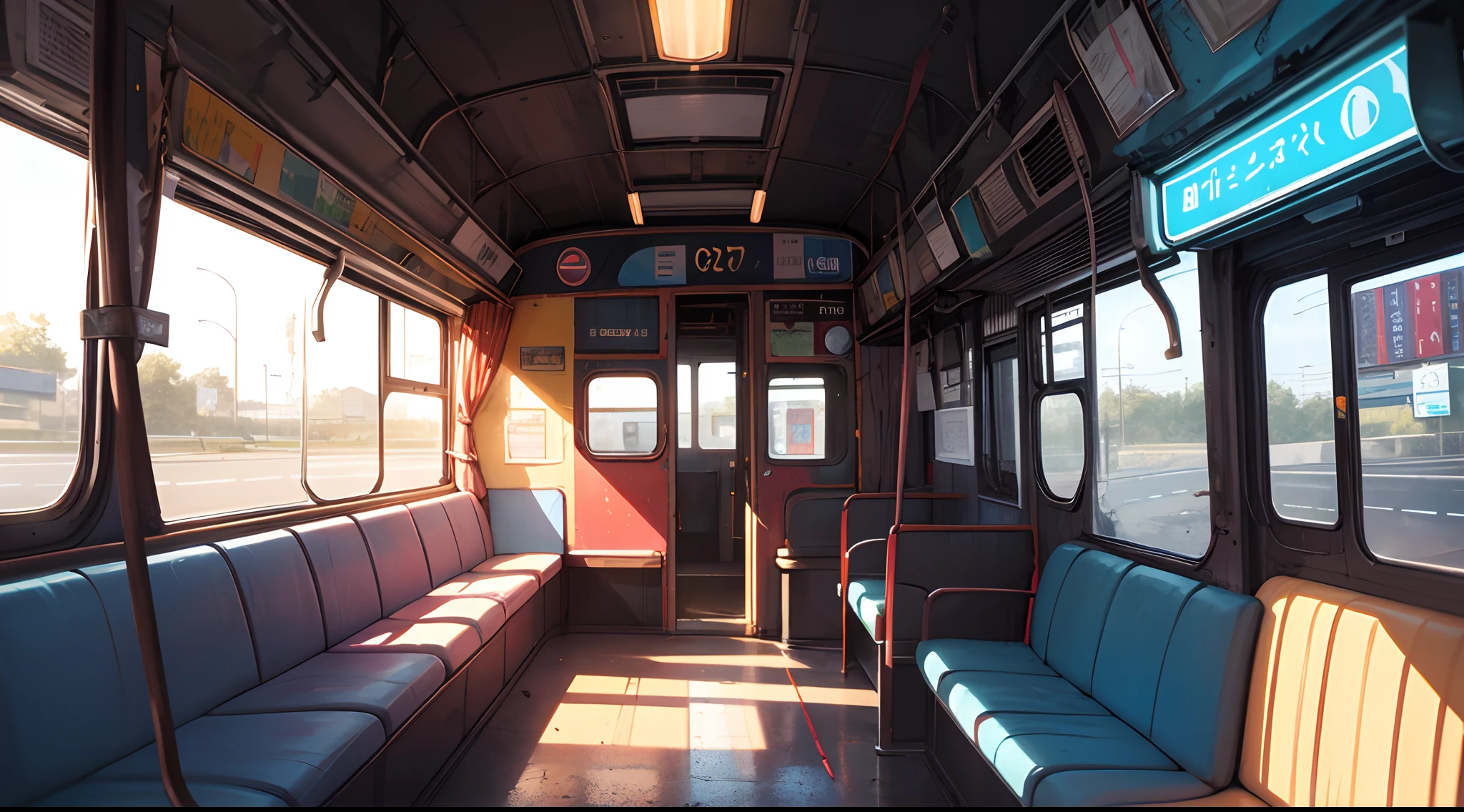a blue beaten up bus travelling on a desolate highway, scratches, dents, reflection of pink neon light on the windscreen and on the side of the bus, soft tones, oil paint style, eye-catching composition, photorealistic