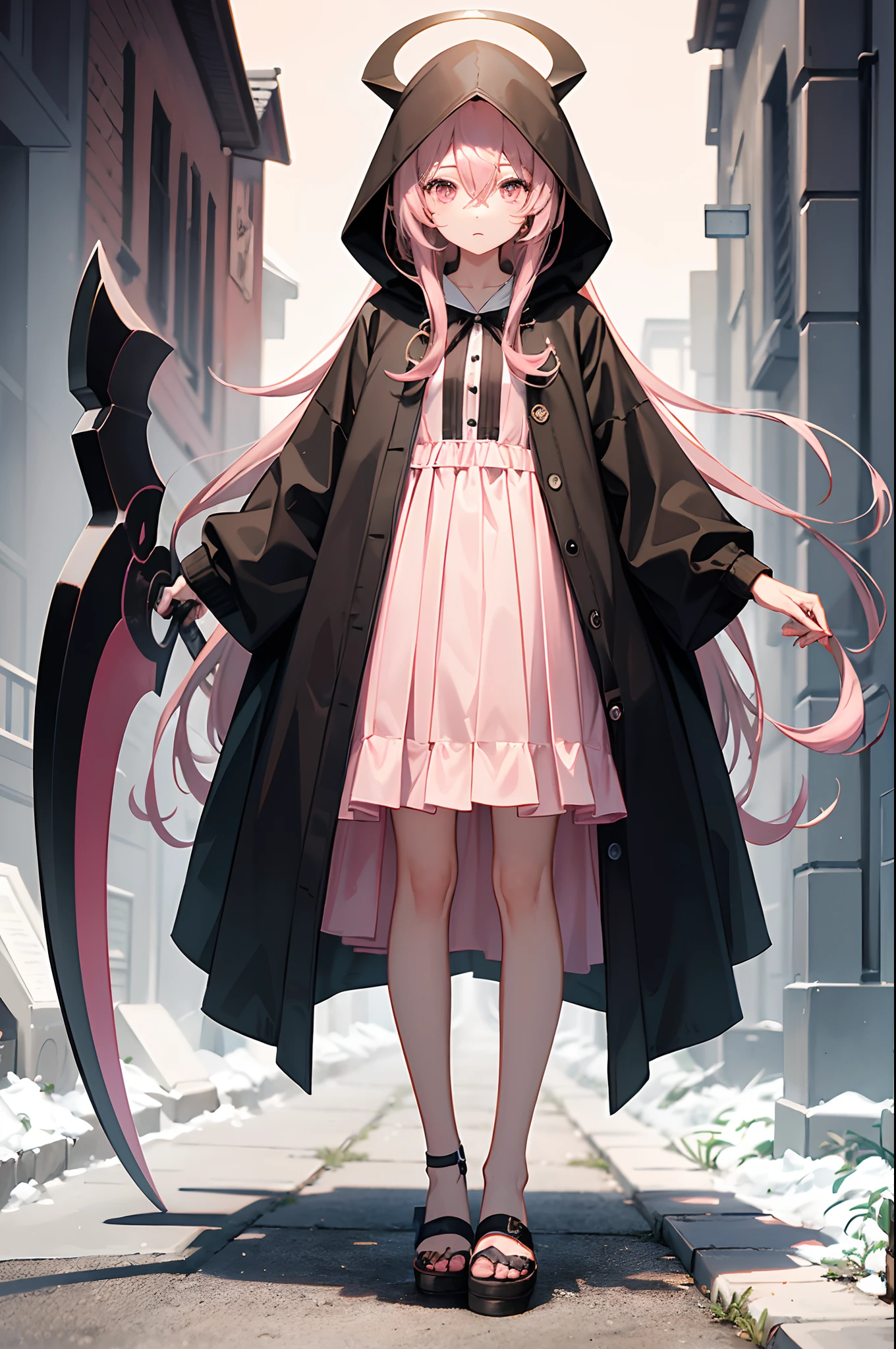 Cute hooded hooded grim reaper shrouded in dark mist,Wielding a scythe,Emerge from the swirling shadows.Cute hooded hooded grim reaper shrouded in dark mist,Wielding a scythe,Emerge from the swirling shadows.Stand in the Cemetery of Forgotten Souls.(Light brown and pink striped hair:1.3,)Standing,Perfect face,Proper body proportion,(Light brown and pink striped hair:1.3,)Standing,Perfect face,Proper body proportion,masutepiece,Best Quality,超A high resolution,Intricate details,Extremely delicate and beautiful,photographrealistic,Dreamy,Professional Lighting,realistic shadow,Solo Focus,Beautiful hands,Beautiful fingers,