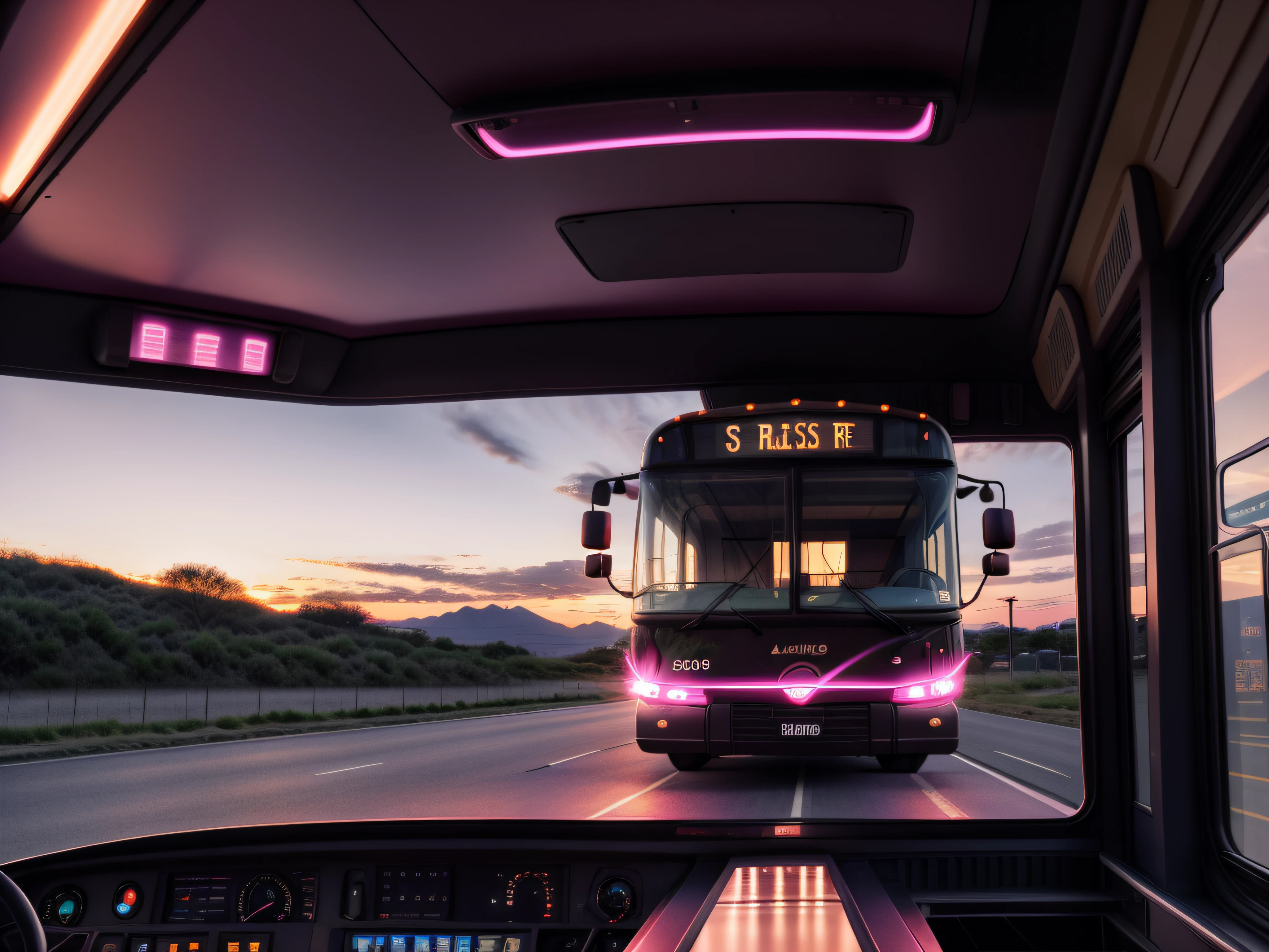a bus journeying west, with a pink sunset illuminating the windshield, taken by ARRI, professional lighting, sharpen, unsplash, hyper-realism, highly detailed, and high-resolution 16k.