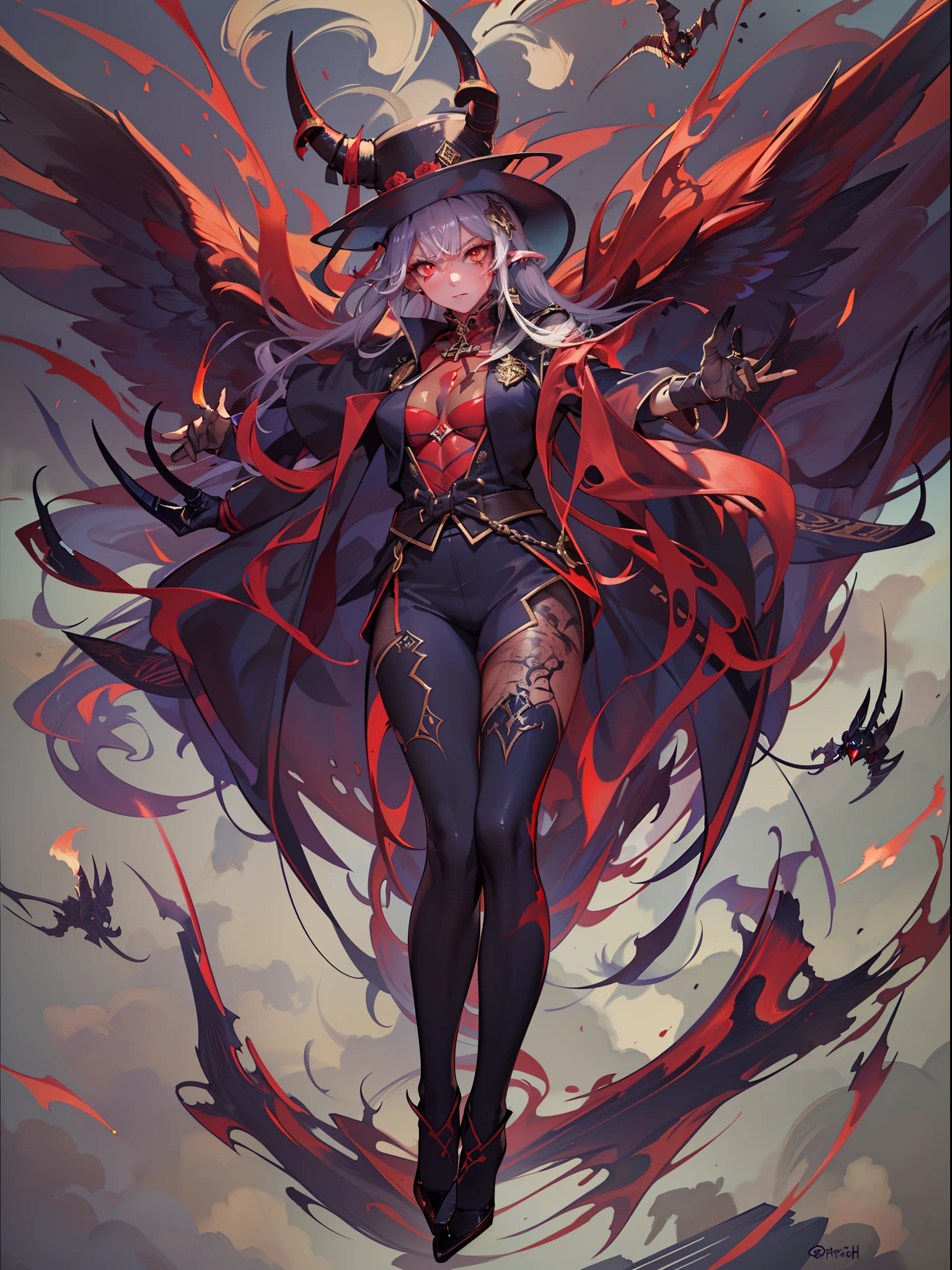 A demon lady that appeared from a magic circle、masterpiece, Best Quality, Composition from above、(Dutch Angle Shot:1.5), (Floating in the air:1.5)、(Red skin:1.5)、Sharp eyes, demonic horns、Devil Wings, The tattoo、Golden Eyes、Magic circle behind、arms in arms、cross one's legs、Jacket、trouser、Top hat