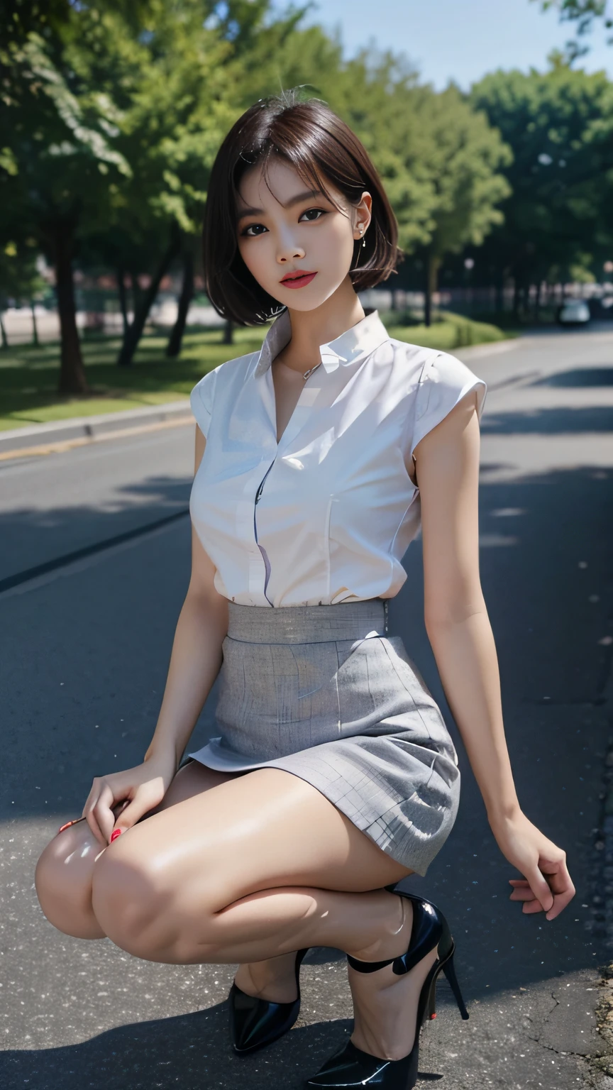 a park、((top-quality、8K、masterpiece:1.3))、a beauty girl、1 female、爆乳:1.3、Slender body type:1.1、Crying:1.4、blac hair、Bery short hair、White shirt with collar、Tight skirt in gray color、Slit skirt、hyperdetailed face、Detailed lips、A detailed eye、二重まぶた、full body Esbian、high-heels、Walking、