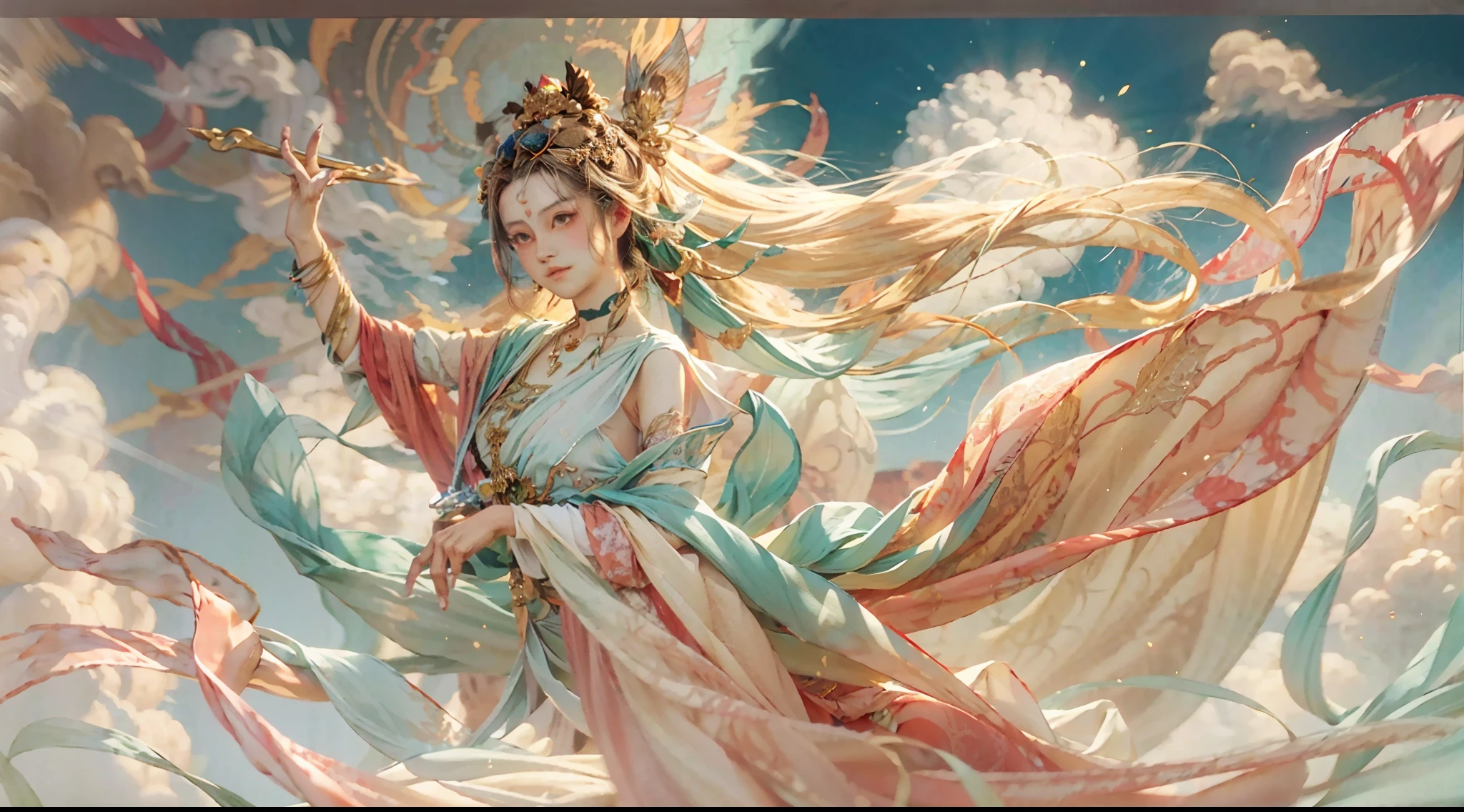 （Beauty fairy）, （Buddhism），（dunhuang）, （bodhisattva）, She flew in the air, Colorful silk cloth flutters，Clouds surround，（Delicate, Beautiful and beautiful facial features）, （White silk robe）, Foot on auspicious clouds，Frontal photo，Light smile, neo-classical, OP Art, Chiaroscuro, Cinematic lighting, god light, Ray tracing, character sheets, projected inset, first person perspective, hyper HD, Masterpiece, ccurate, Textured skin, Super detail, High details, High quality, Award-Awarded, Best quality, A high resolution, 8K，Ultra-high sharpness，Clear face