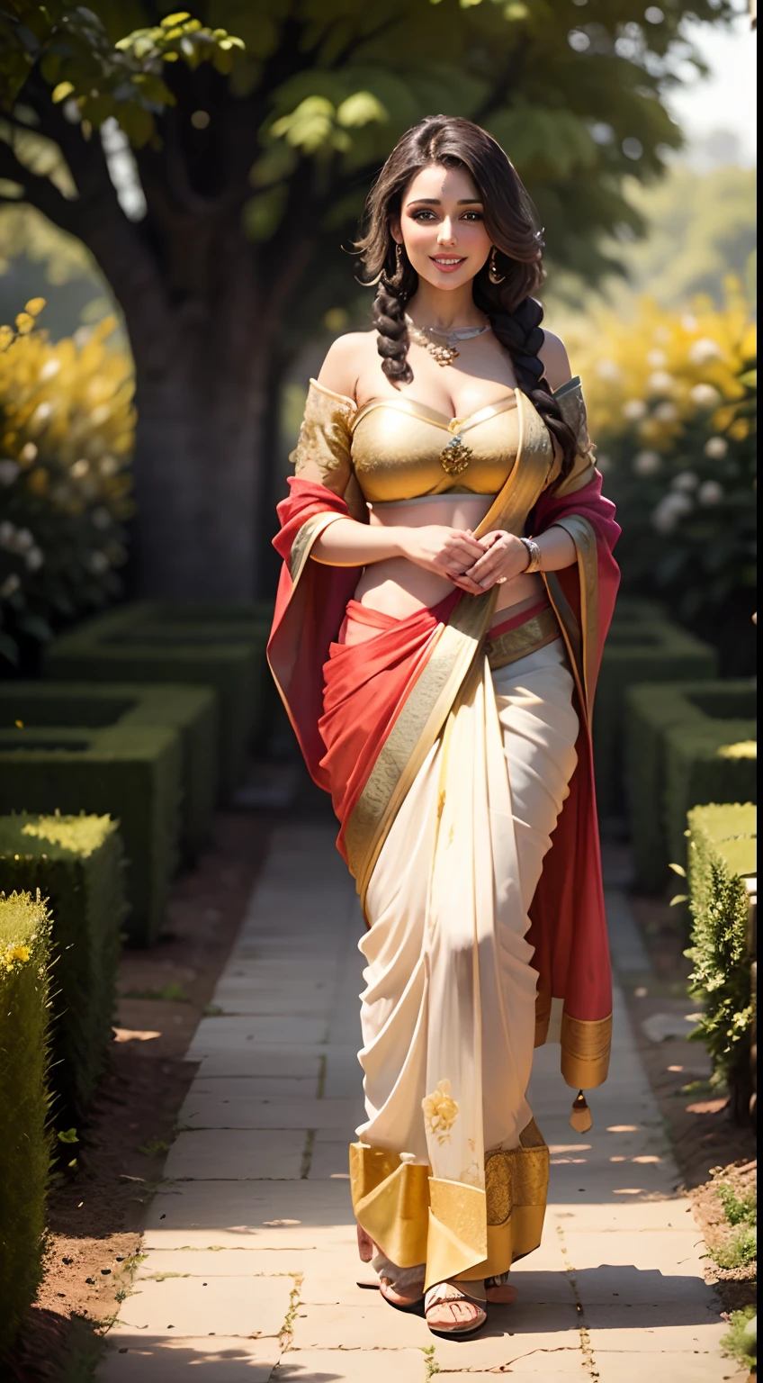Lucy Pinder standing in a garden, flowers in hand, black braided hair, beautiful, wearing a light yelloe silk strapless bra and a transparent full sarees, wearing heavy gold ornaments, big smile, full body, trees in background,  photorealistic, High resolution